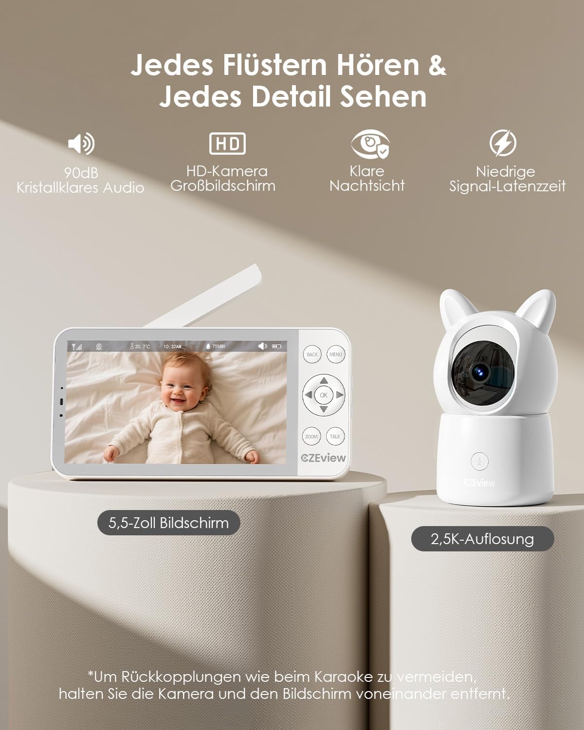 Thumbnail 1 de CZEview Babyphone mit 2 Kameras, 2.5K-Nachtsicht & 5,5-Zoll-HD-Bildschirm (WLAN-App, 360°)