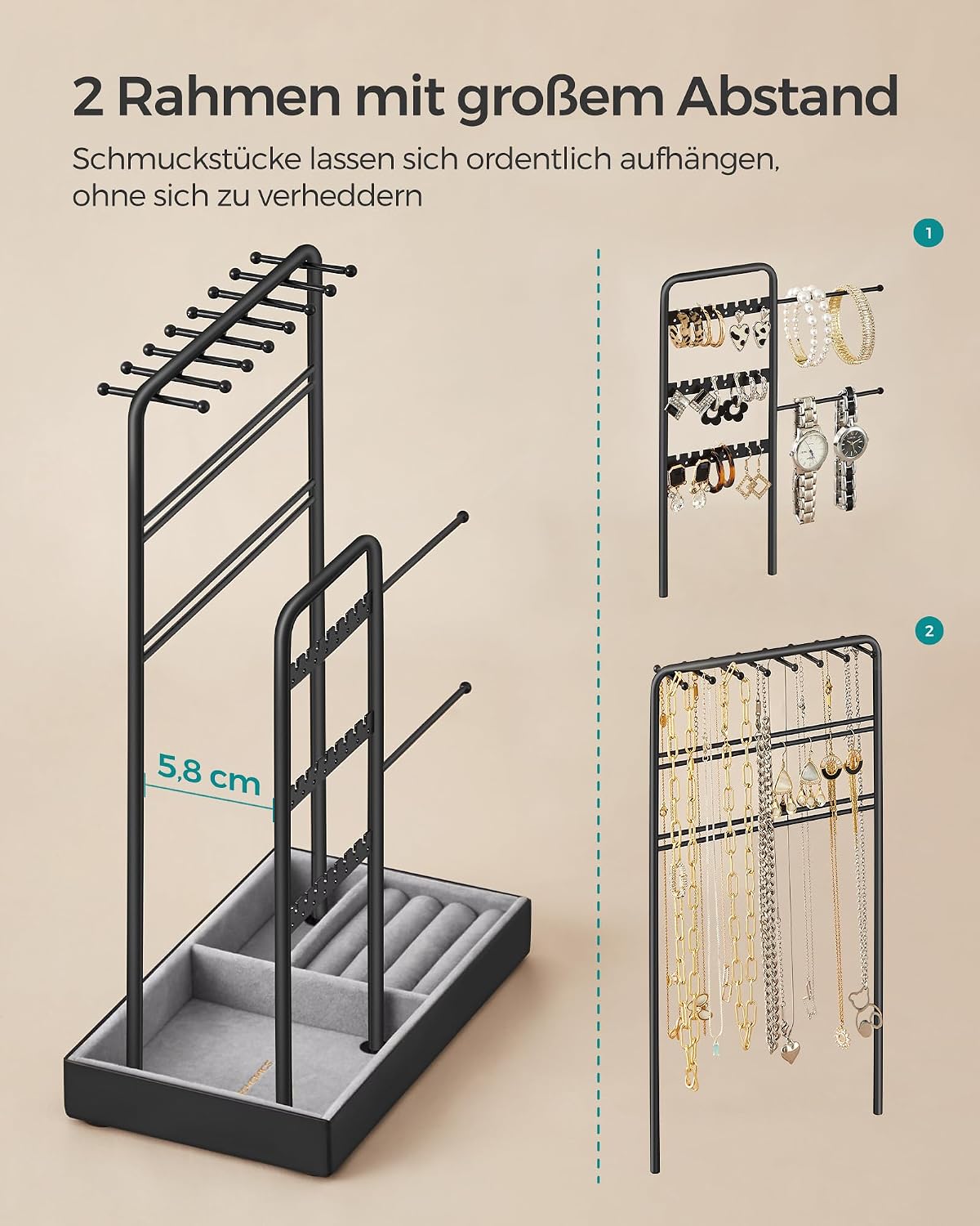 Thumbnail 2 de SONGMICS Schmuckständer aus Metallrahmen mit Samttablett – Ordnung für Halsketten, Armbänder und mehr