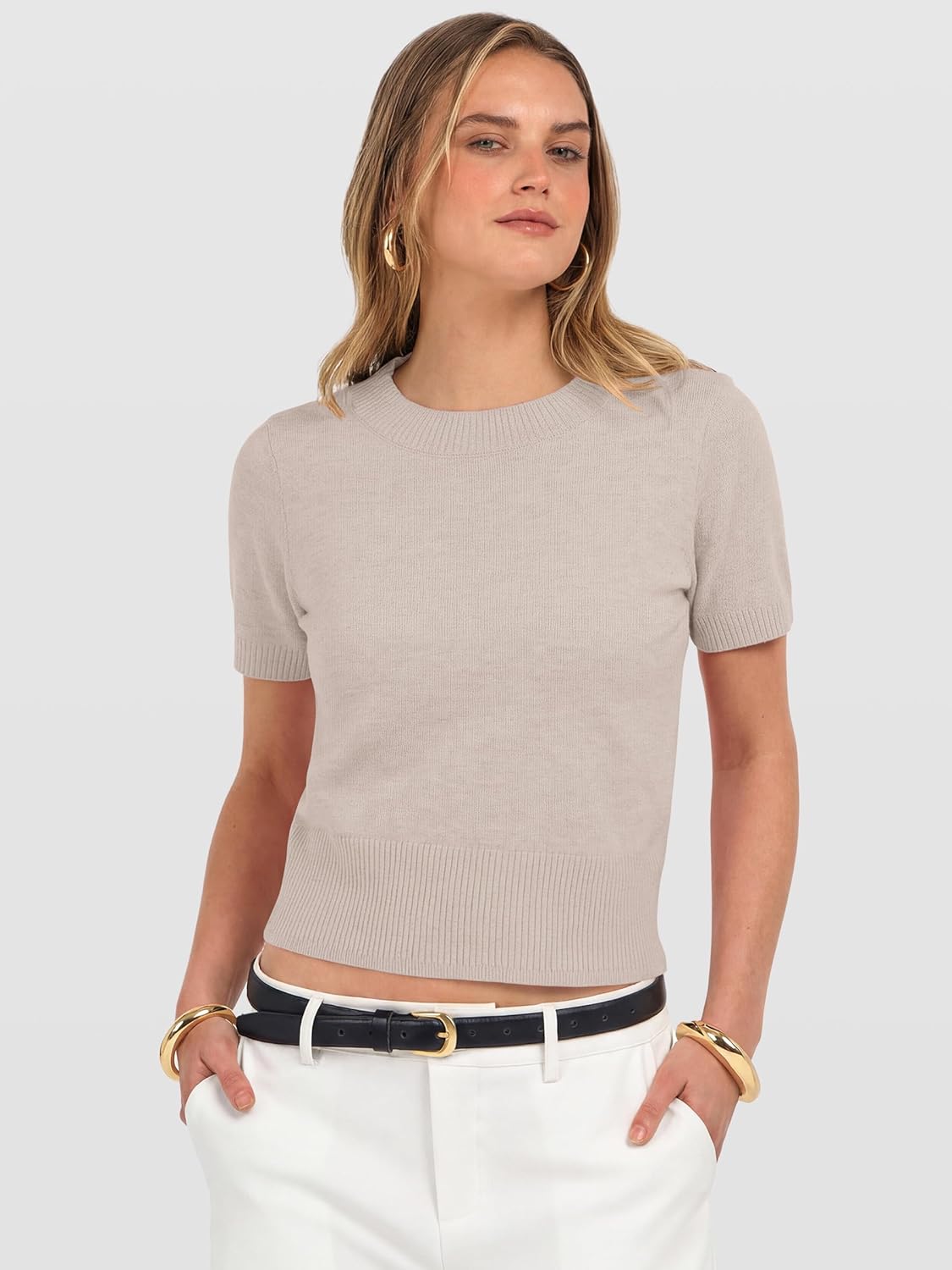 Thumbnail 4 de ANRABESS Women's Short Sleeve Cropped Crew Neck Sweater Top — Lightweight, Spring/Summer Ready