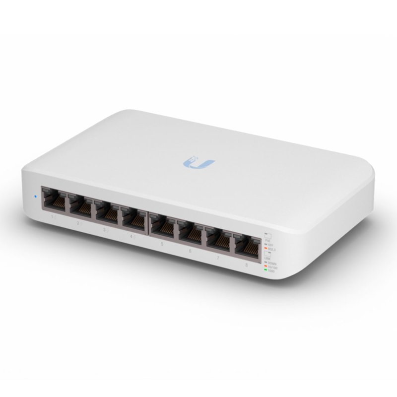 Detalle de Ubiquiti UniFi Switch Lite 8 PoE: conmutador L2 gestionable, 8 puertos Gigabit y PoE+ (45 W) para instalación en pared