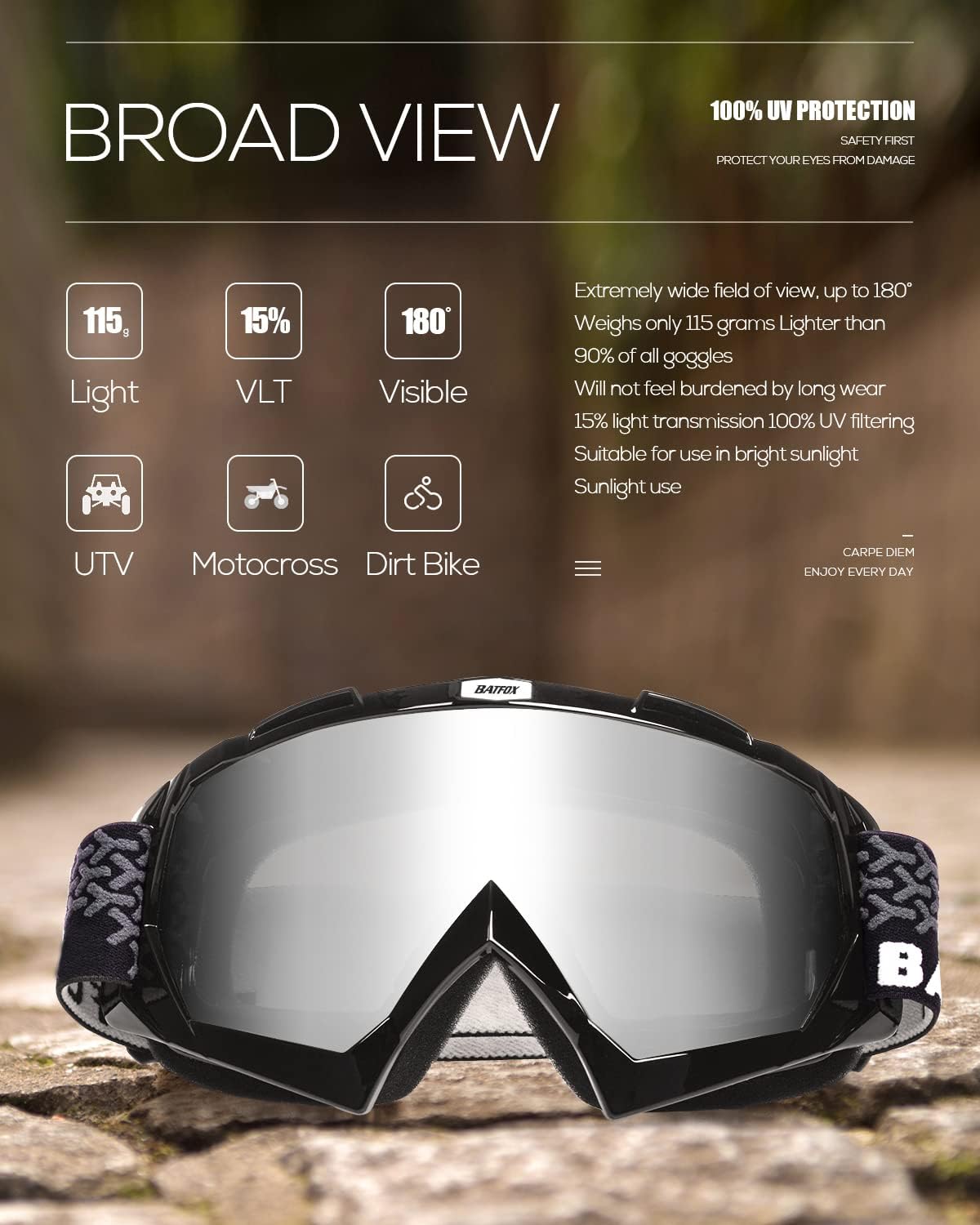 Detalle 1 de BATFOX F816 Dirt Bike Goggles, Polarized UV400 Lenses, Anti-Slip Strap