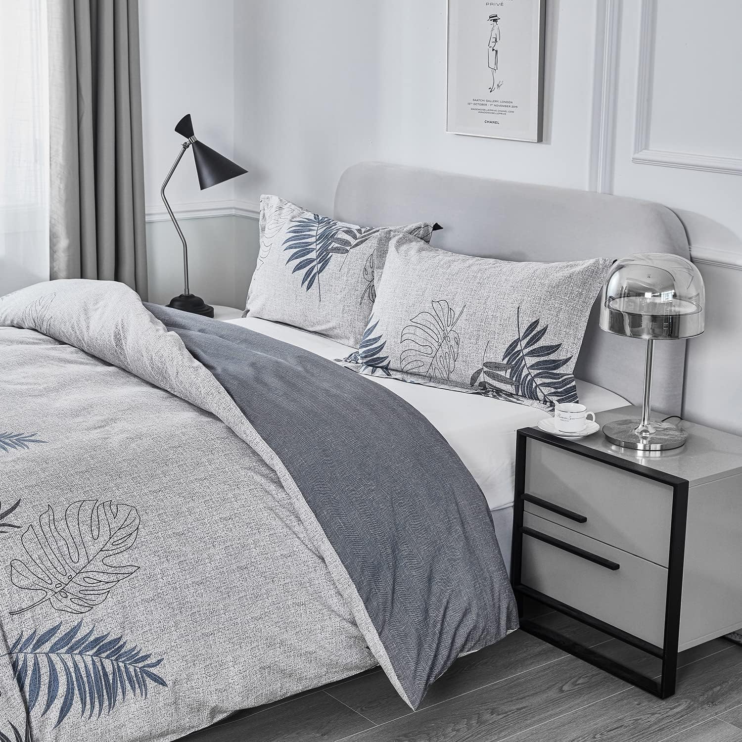 Thumbnail 2 de OAITE 01 King Cotton Duvet Cover Set, Grey-Blue Floral, 3 Pieces