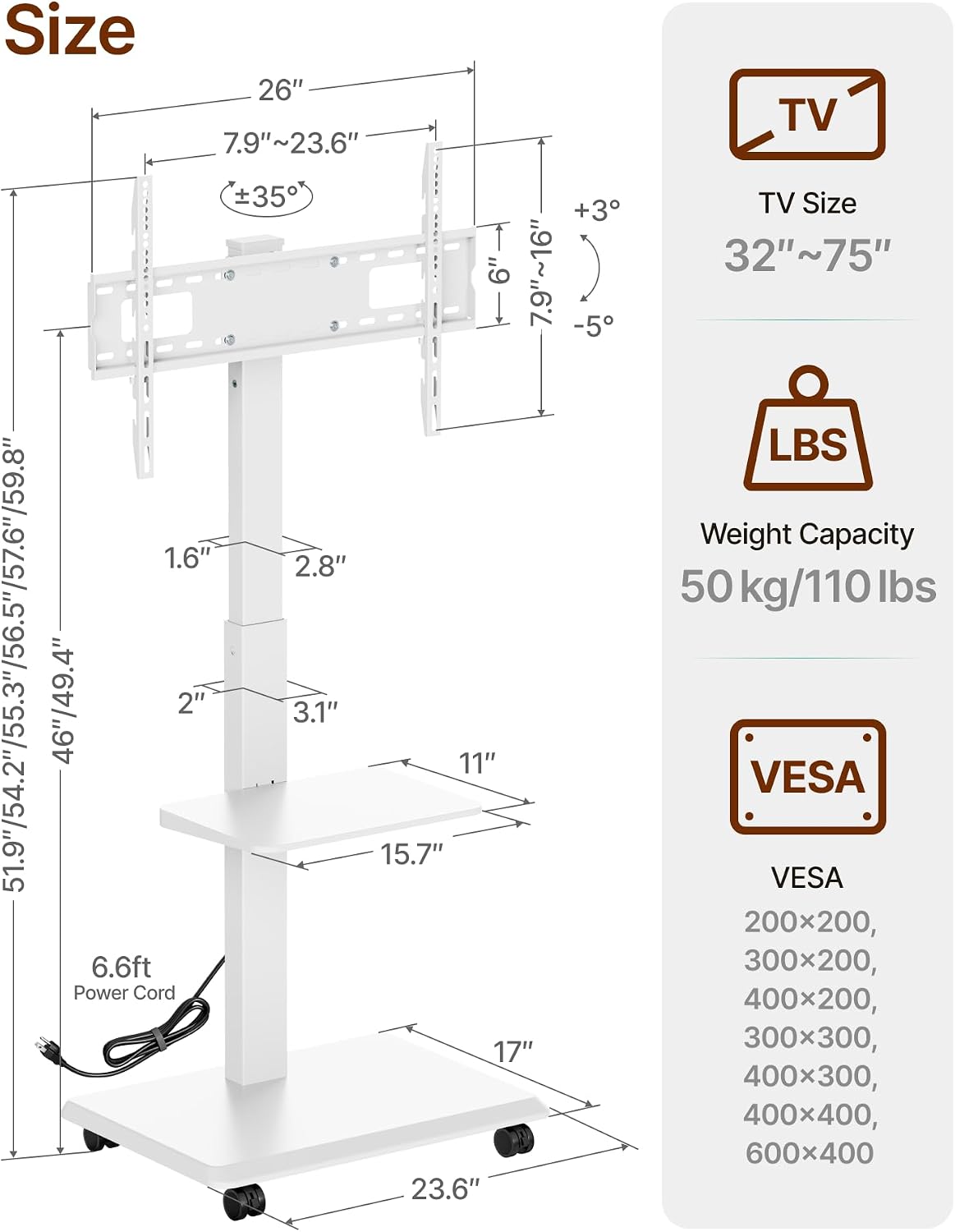 Thumbnail 6 de ECOTINY HW1275WH Rolling TV Stand, 32–75-Inch, Power Outlet, White