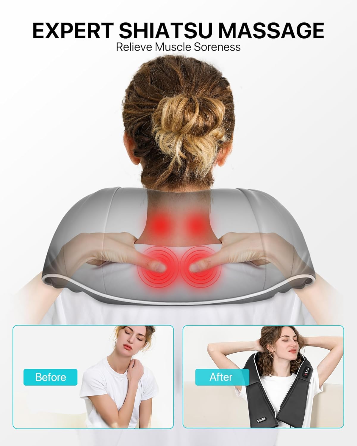 Thumbnail 1 de Nackenmassagegerät mit Wärme (Shiatsu, 3D) und 8 Massageköpfen – 2-Wege-Massagegerät für Nacken & Schultern