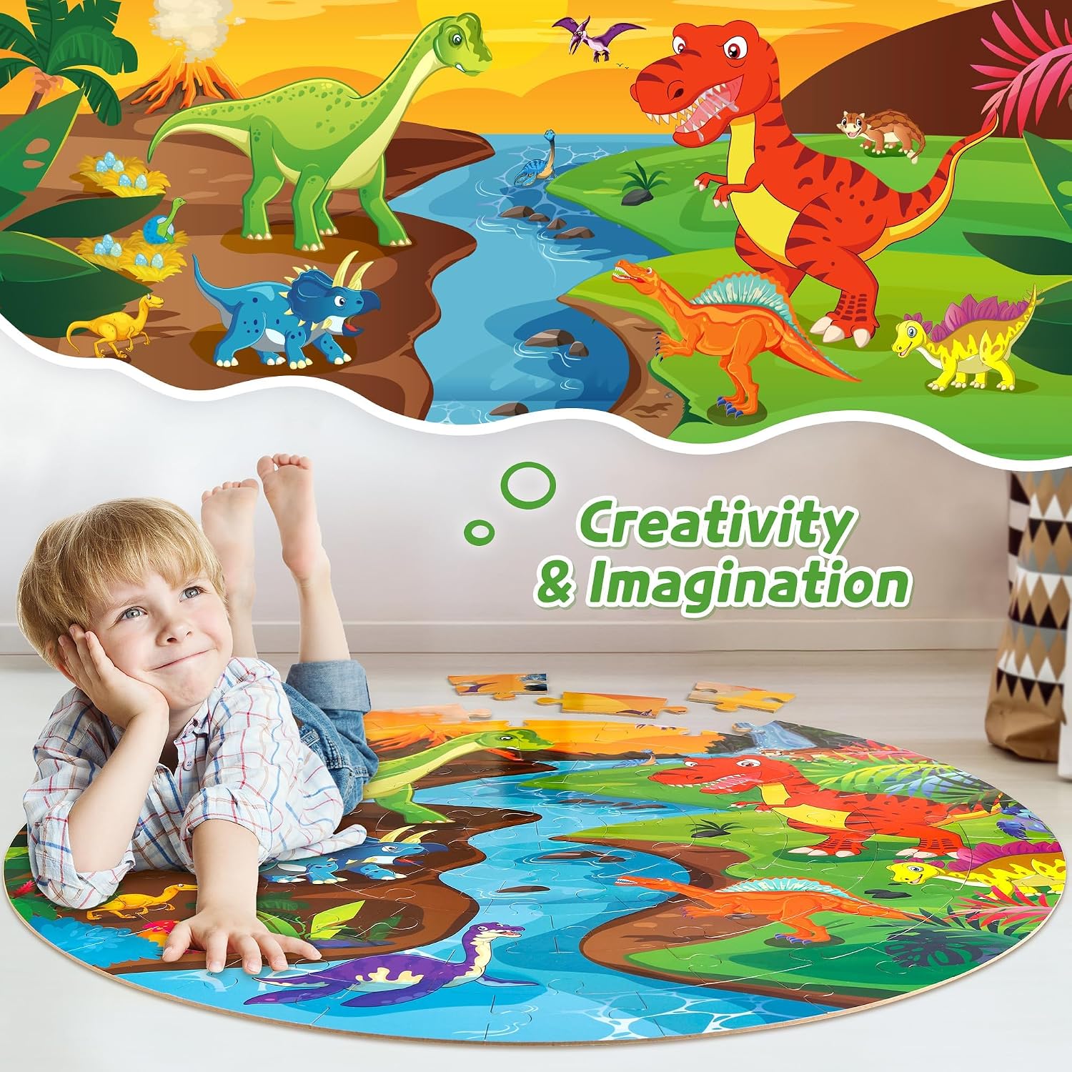 Detalle de SYNARRY SYNP061 Dinosaur Floor Puzzle, 70-Piece Round Jigsaw