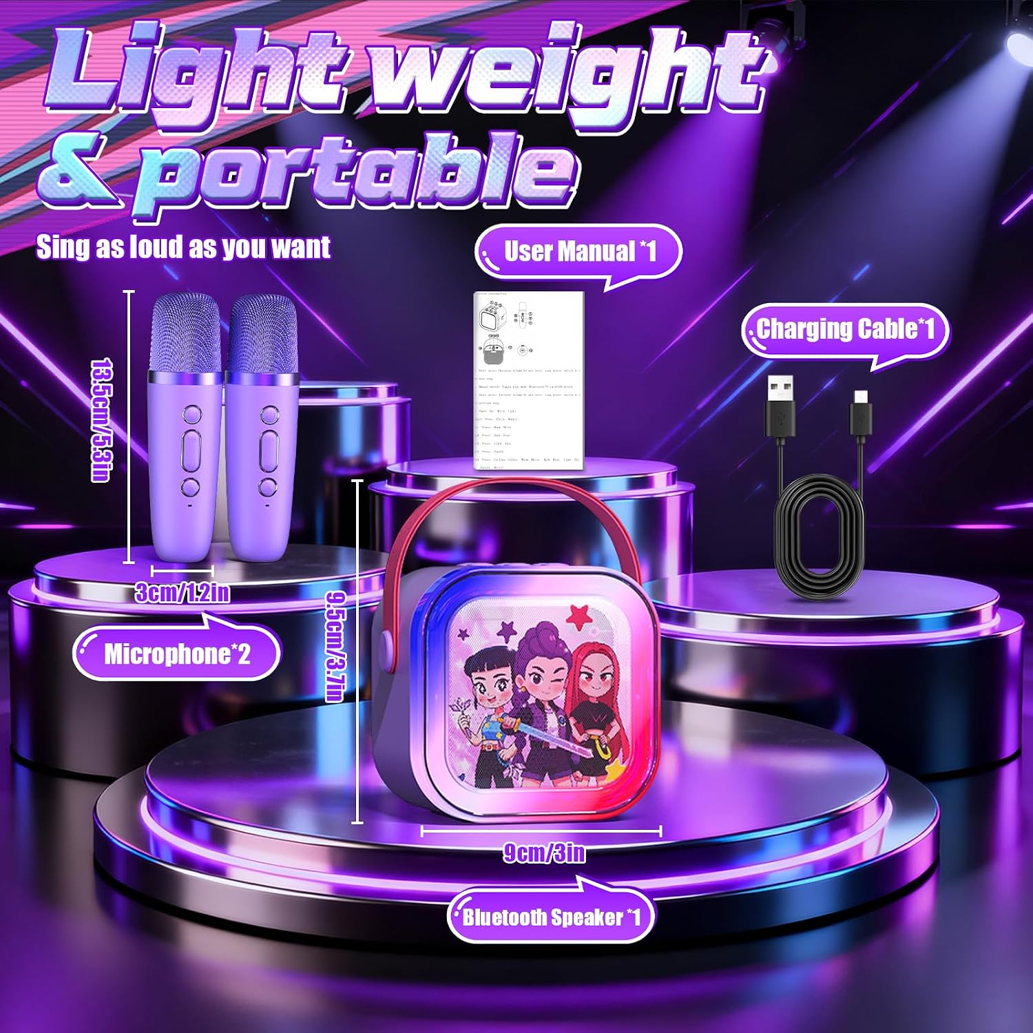 Detalle de Mini Karaoke Machine for Kids (Ages 3–12) with 2 Wireless Mics, 5 Voice Effects, LED Lights, Portable Bluetooth Speaker