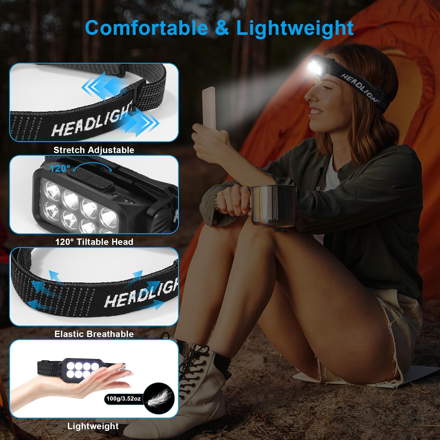 Detalle 2 de Yoxovo set van 2 oplaadbare led-hoofdlampen, 2500 lumen en IPX6