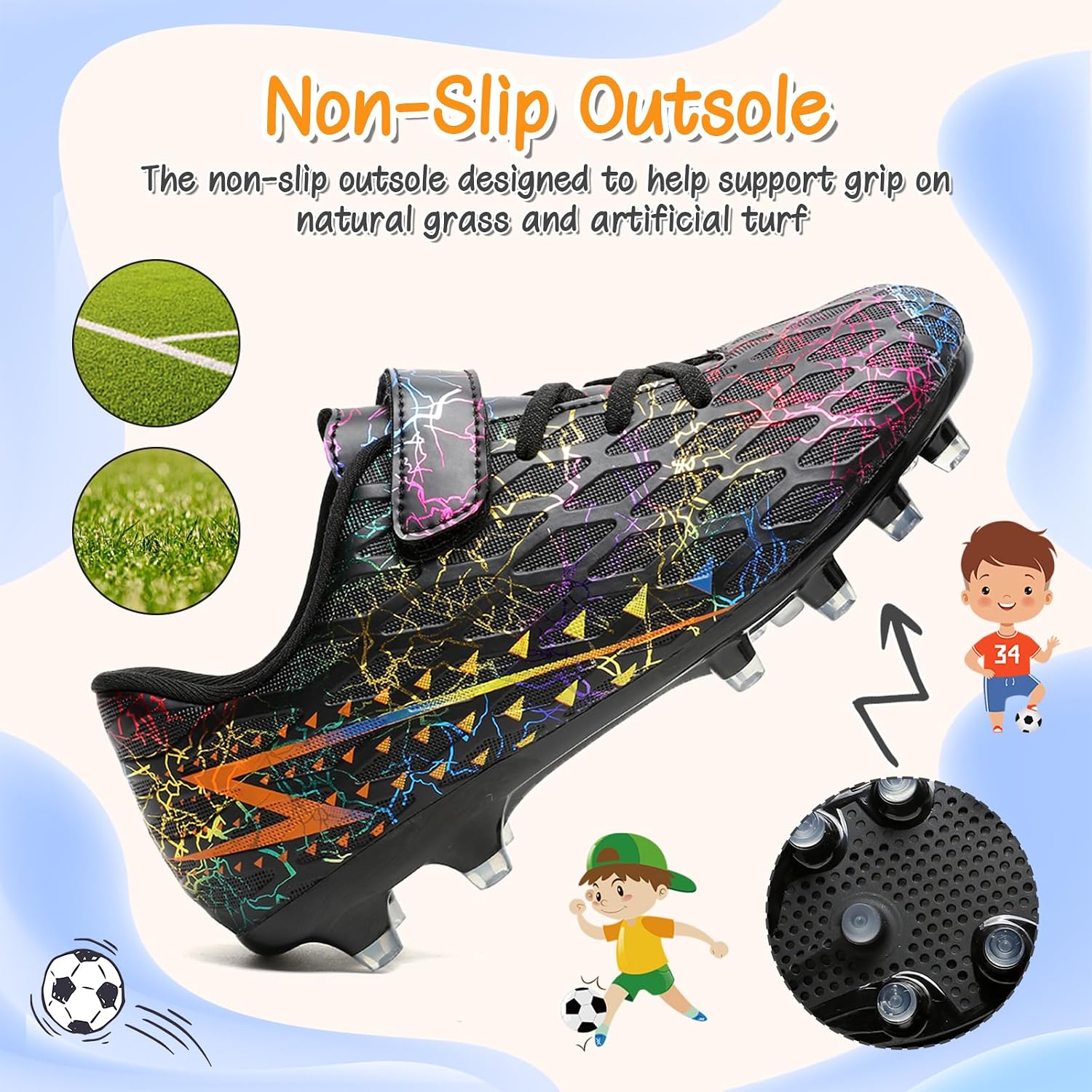 Detalle de Kids FG/AG Football Boots Trainers (Hook-and-Loop) for Boys & Girls – Indoor/Outdoor Soccer Shoes