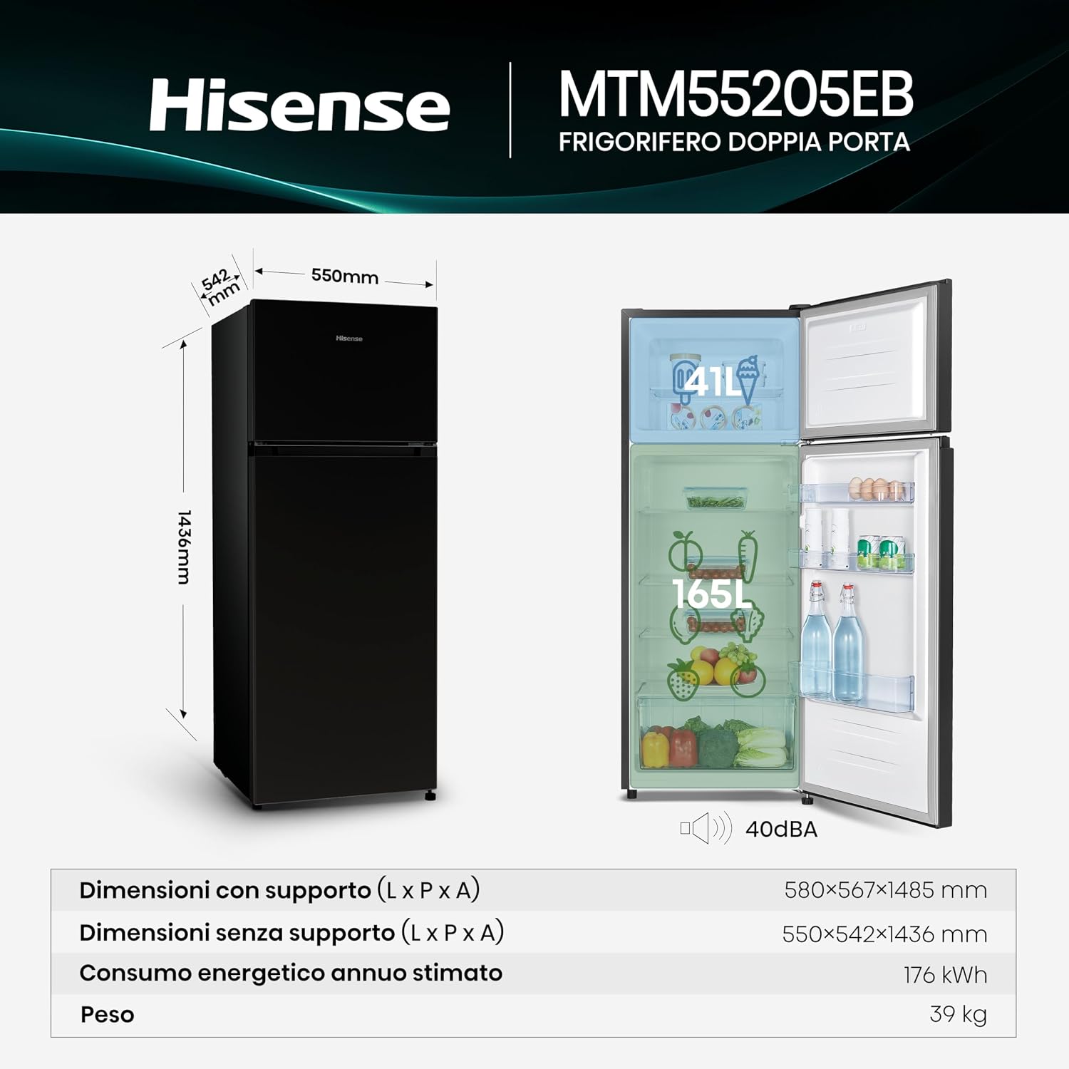 Thumbnail 1 de Hisense MTM55205EB Frigorifero Doppia Porta – 206 L, Nero, Illuminazione LED, Porte reversibili