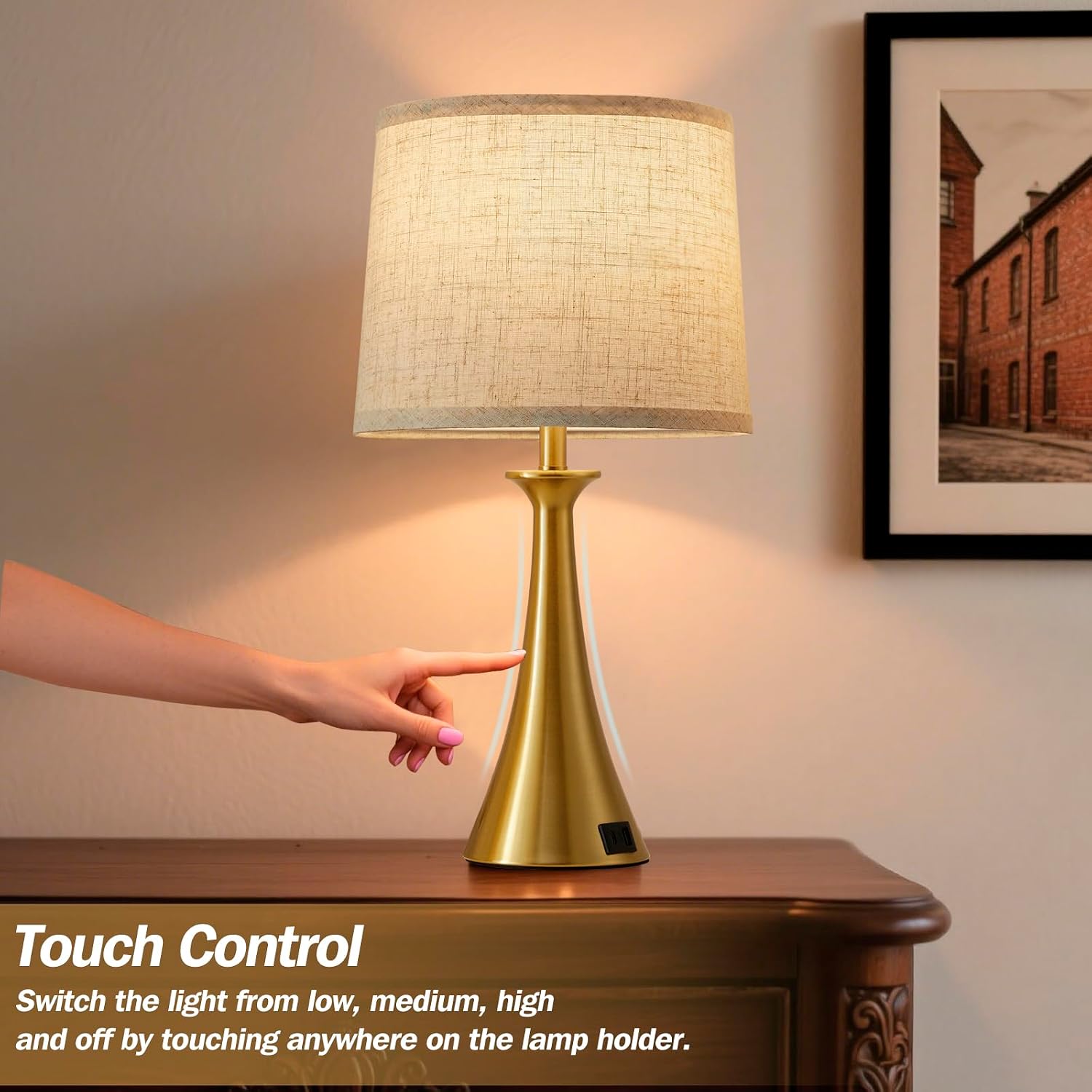 Detalle de Hikczc H-2T-139-B Touch Table Lamps, Set of 2, Gold with USB-C/A