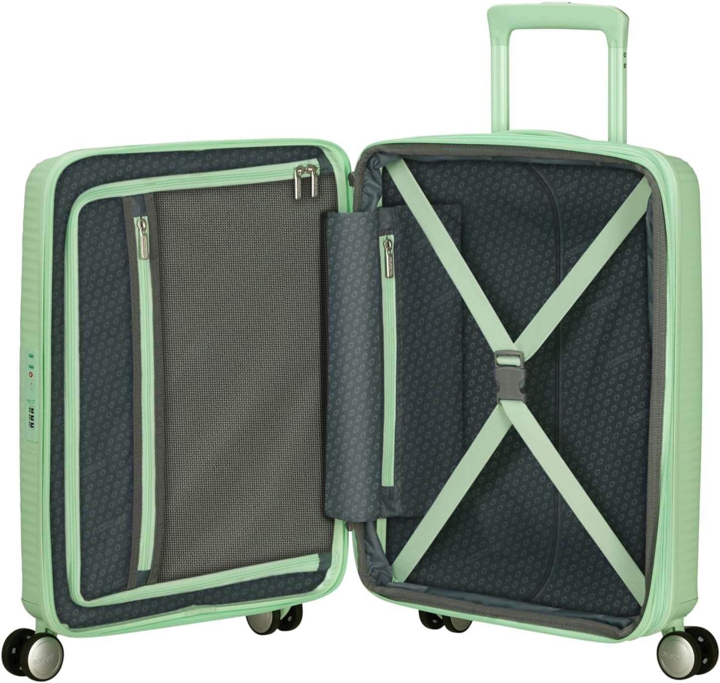 Detalle de American Tourister Soundbox Handgepäckkoffer 55 x 40 x 20/23 cm – grün pastel, erweiterbar, TSA-Sicherheitskombination
