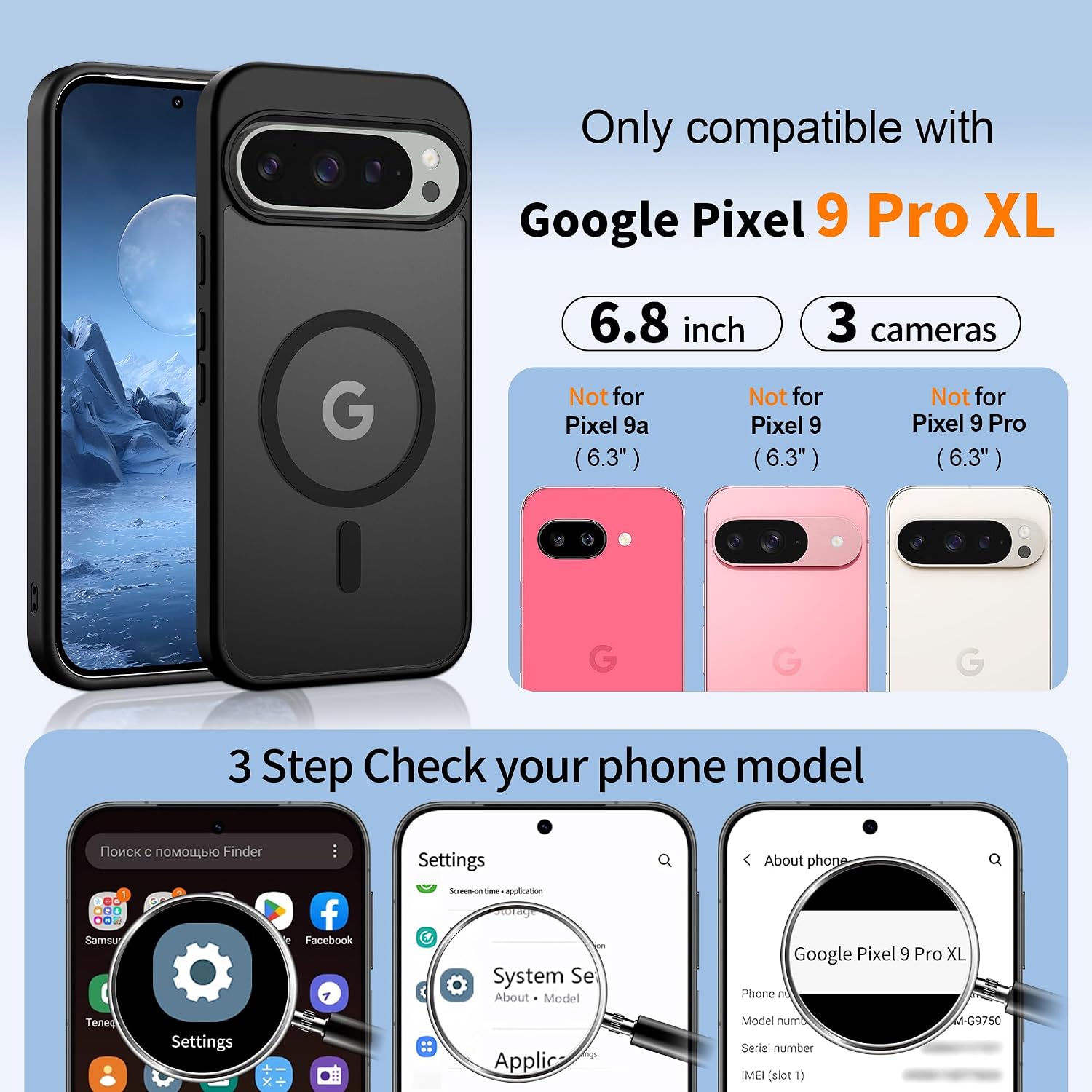 Thumbnail 1 de Jshru Magnetic Case for Google Pixel 9 Pro XL (MagSafe compatible) with HD Screen Protectors (Black)