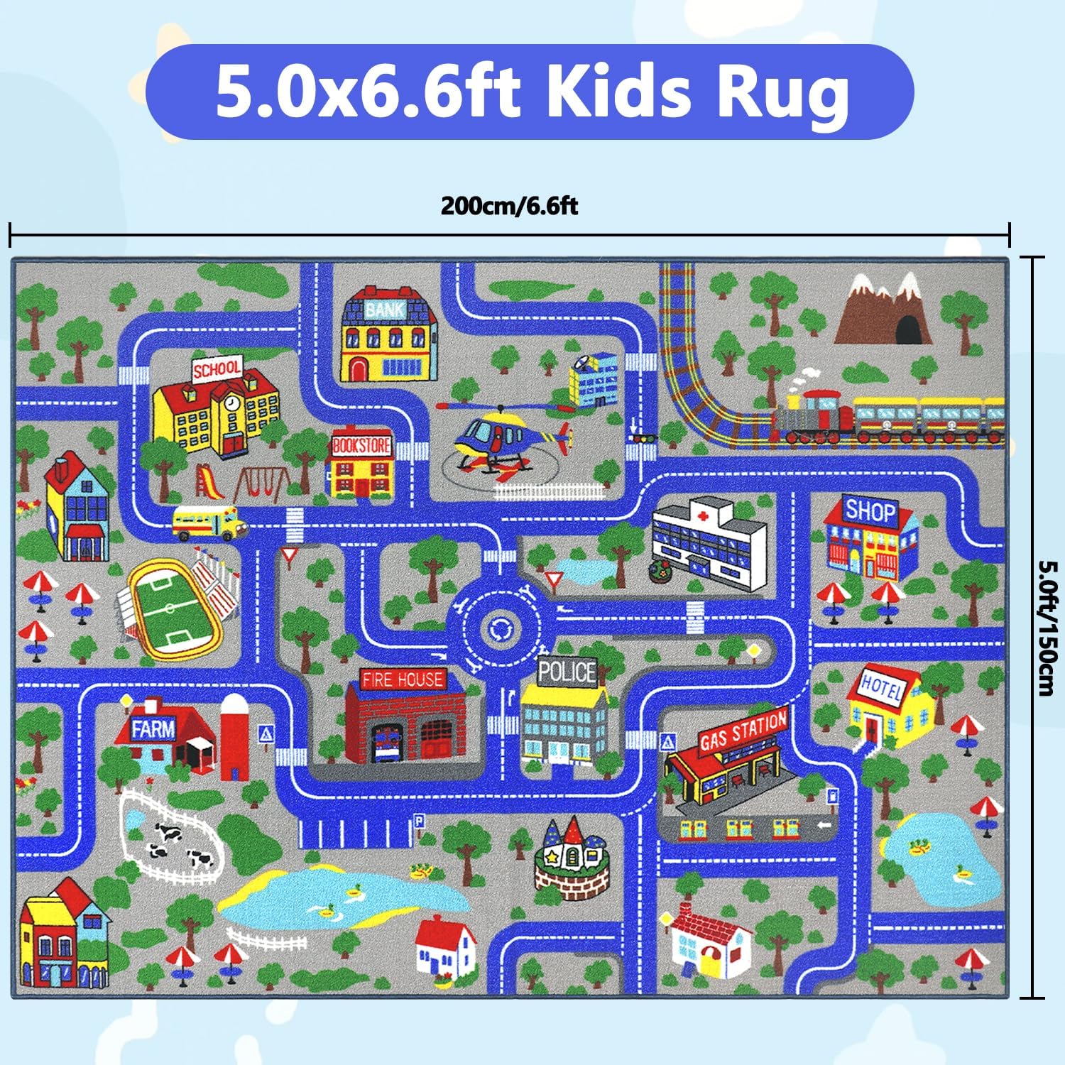 Detalle de Capslpad Kids Play Rug Town City Road Car Mat 150x200cm – Blue, Non-Slip & Machine Washable