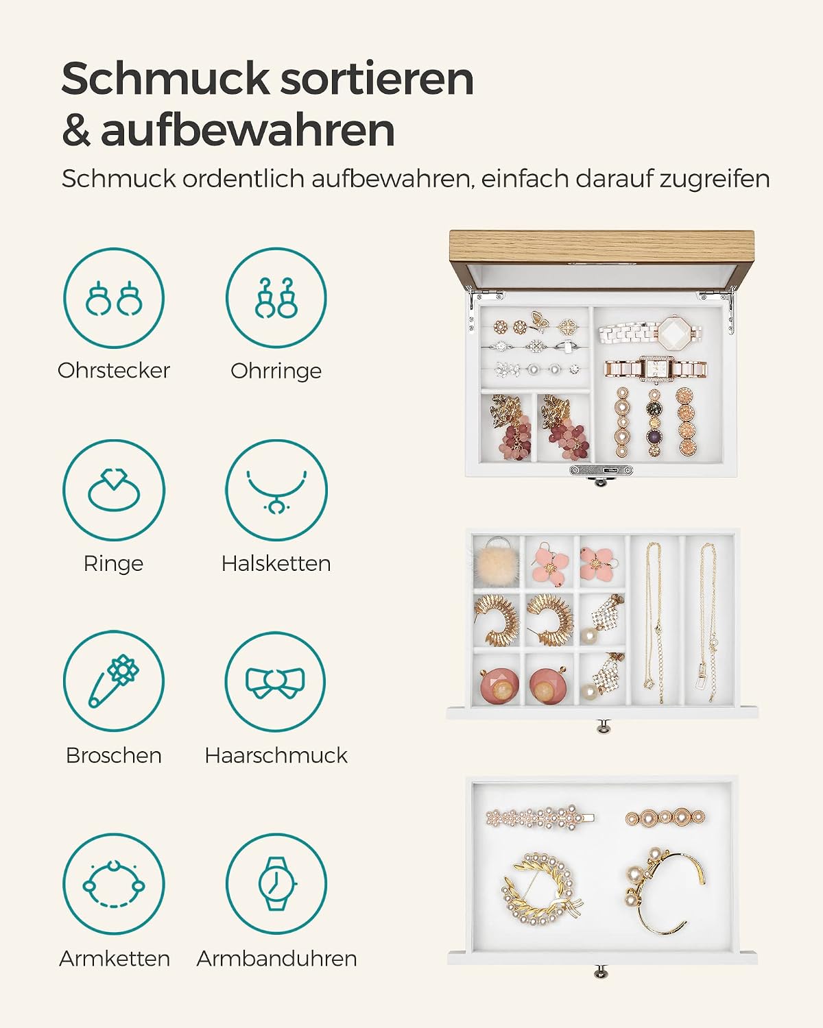 Detalle de SONGMICS Schmuckkästchen JOW15WN mit großem Spiegel, 3 Ebenen und 2 Schubladen, abschließbar (weiß-holzfarben)