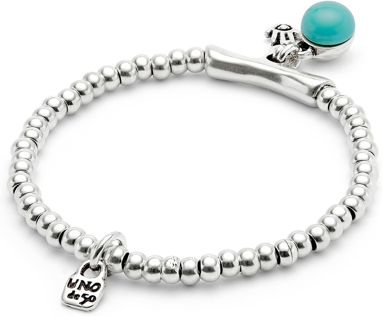 Detalle de UNOde50 Bracciale perline placcate in argento sterling e turchese, vetro di Murano, mano di Fatima