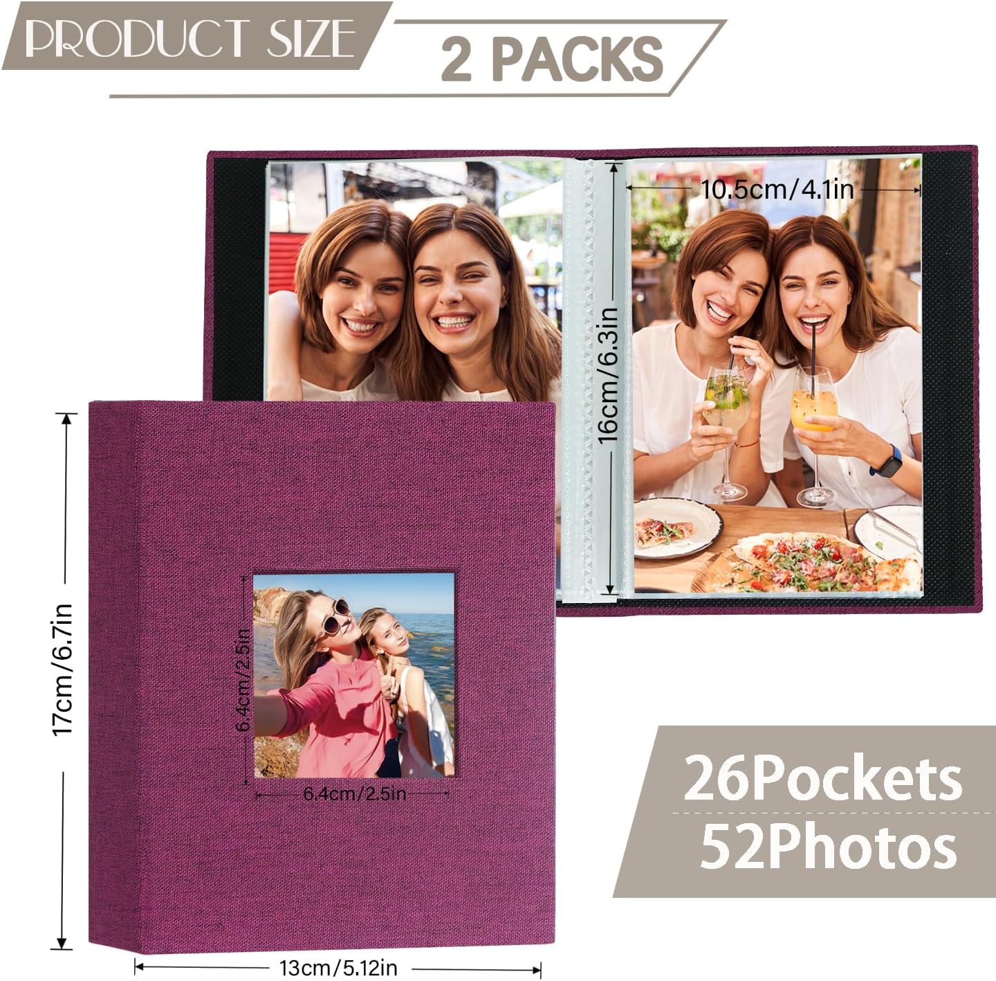 Detalle 2 de Miaikoe Small Photo Album 6x4 (2 Packs) 50 Pockets Each – Top Loading Linen Slip-In, 10x15cm Photos, Purple