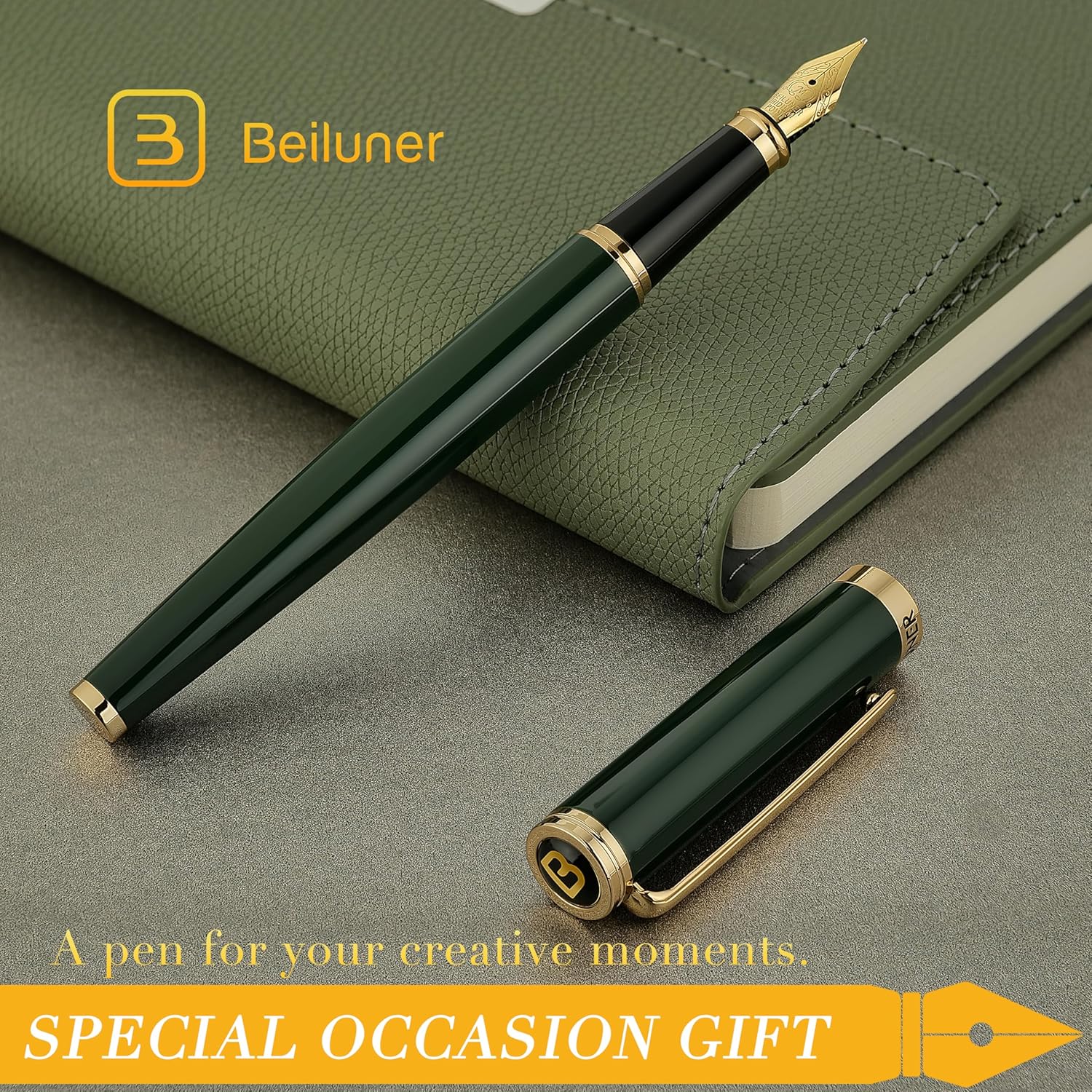 Thumbnail 6 de BEILUNER Penna Stilografica di Lusso Verde & Oro con pennino dorato 24K e convertitore