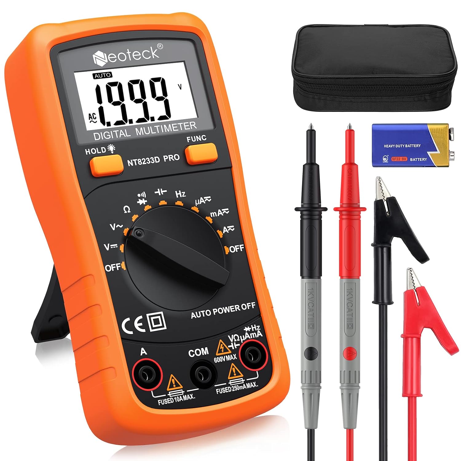 Detalle de Neoteck 8233D PRO Auto-Ranging Digital Multimeter, 2000 Count, Backlit LCD