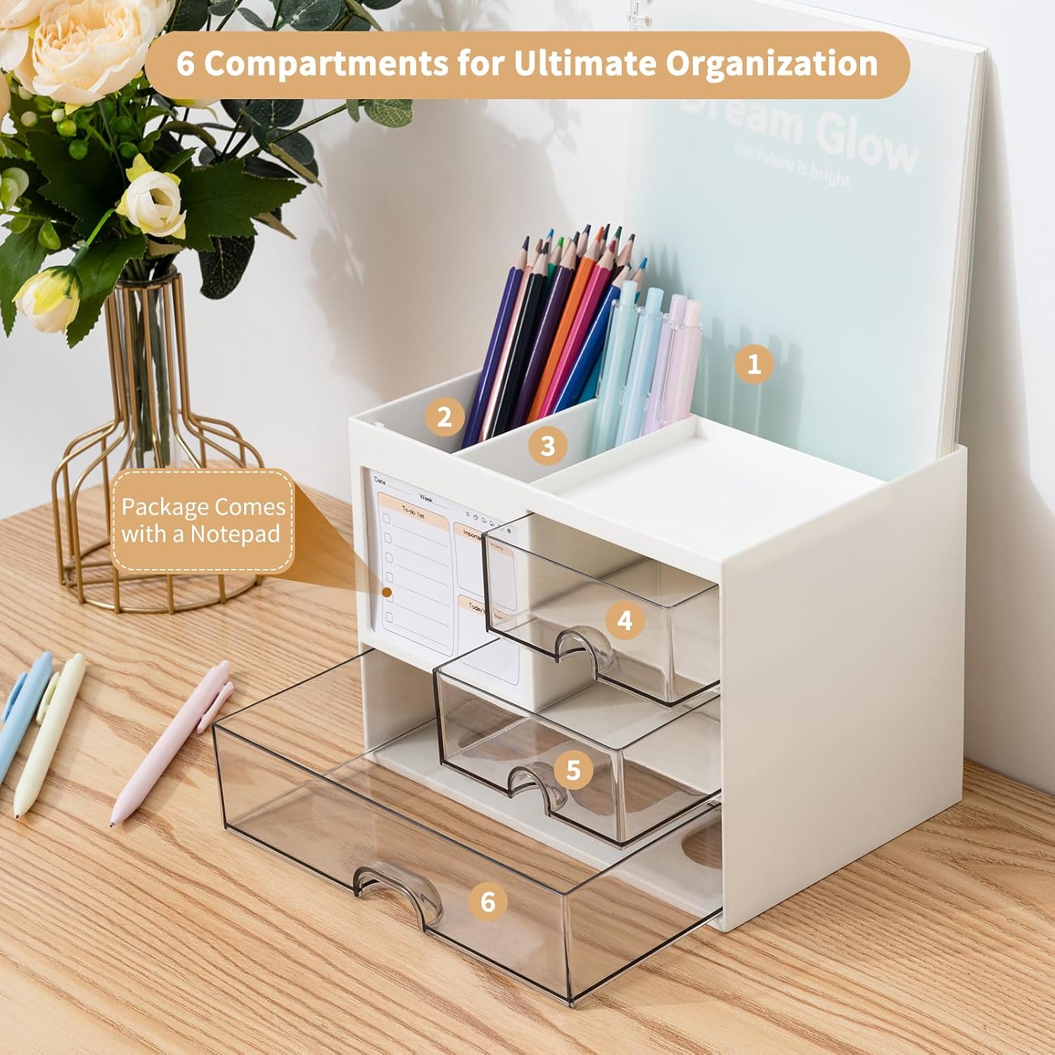 Thumbnail 4 de RISEMART Desk Organiser with 3 Drawers (White) – large desktop tidy for stationery, notes and personal items