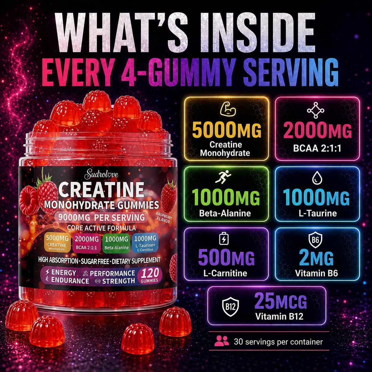 Detalle 2 de sudrolove Creatine Monohydrate Gummies, 5,000 mg, 120 Count