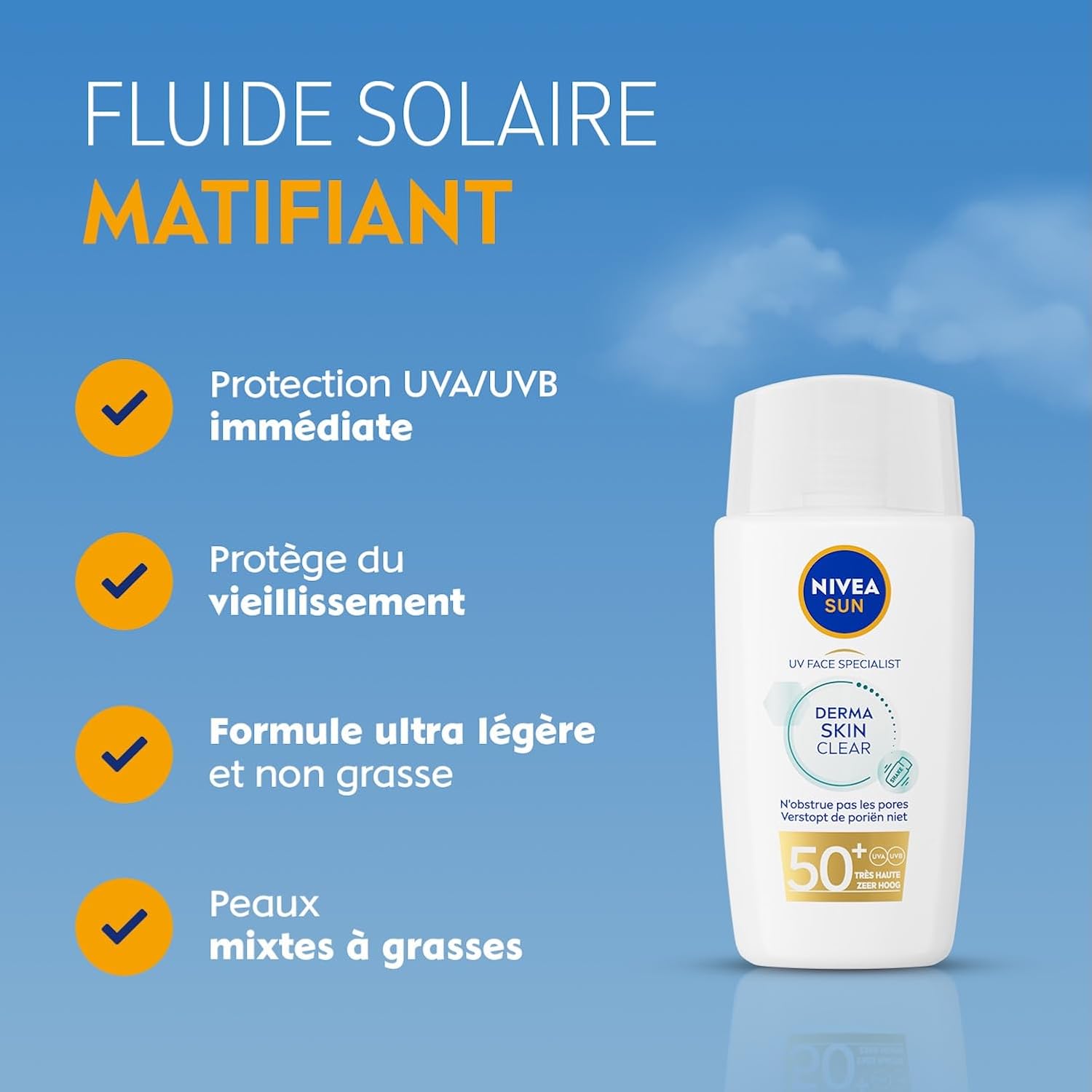 Detalle 2 de NIVEA SUN Derma Skin Clear Protection Fluide solaire visage FPS 50+ peaux mixtes à grasses (40 ml)