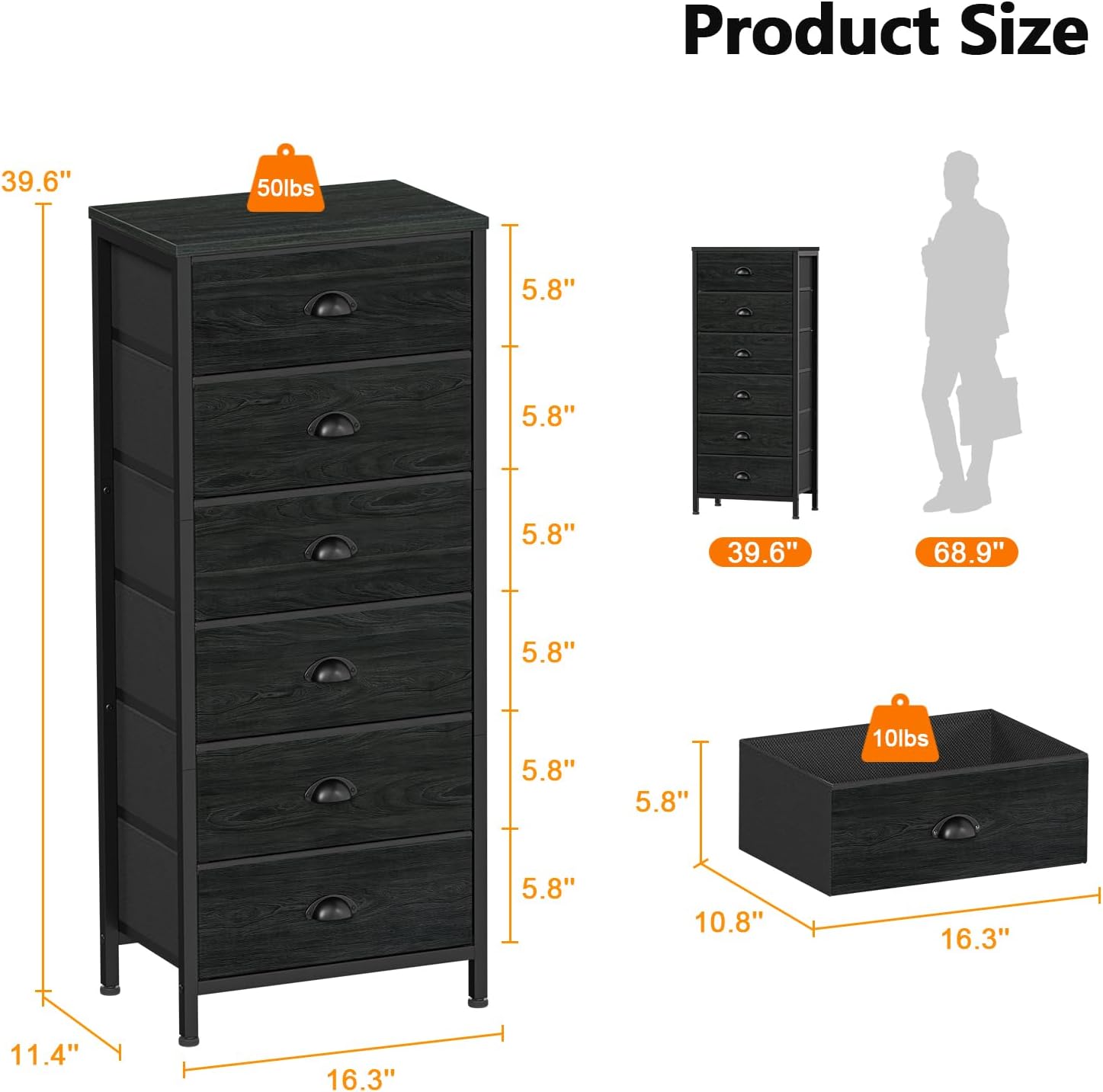 Detalle de Furnulem Tall Dresser 6-Drawer Black