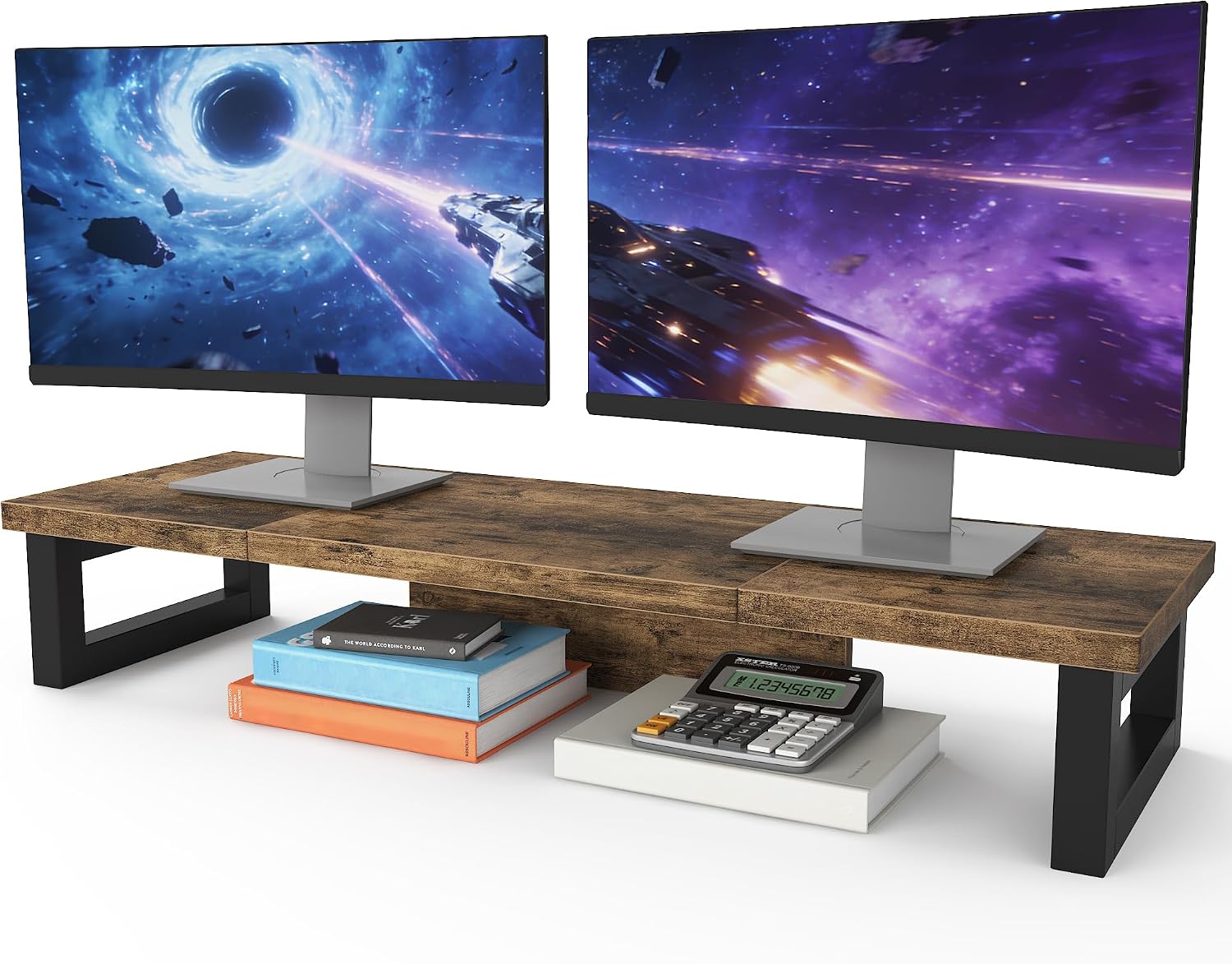 Detalle de OYRREU Monitorerhöhung 2er Set – Holz-MDF Stellage mit Stahlkonstruktion, 91 × 26 × 12,5 cm