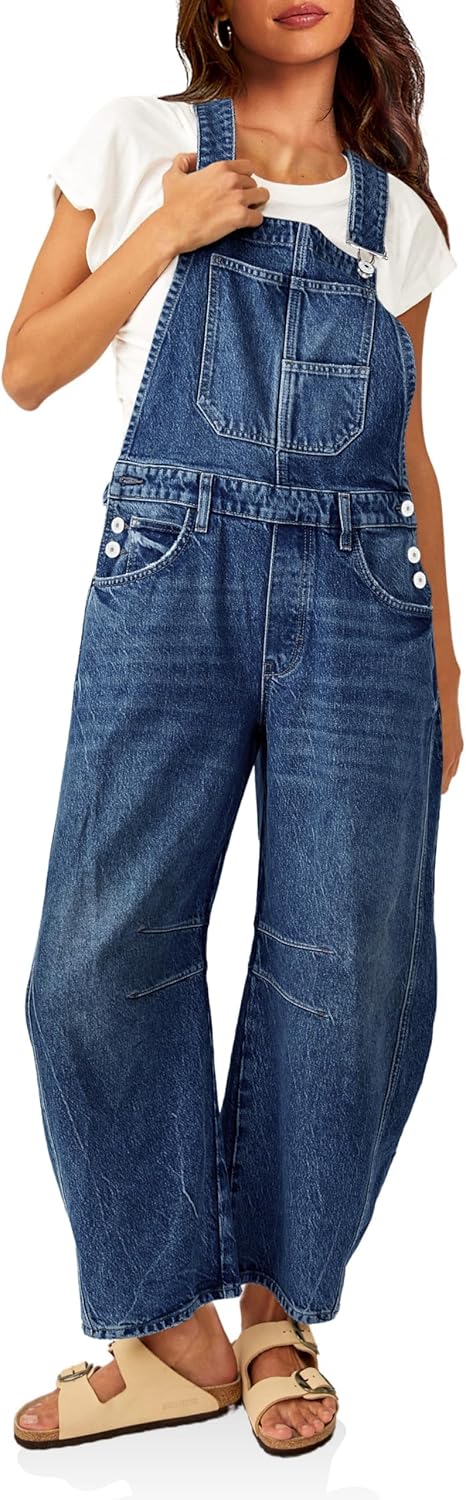 Detalle de PLNOTME Women's Denim Bib Overalls with Barrel Leg – Adjustable Straps, Front Pocket Bib, and Multiple Pockets