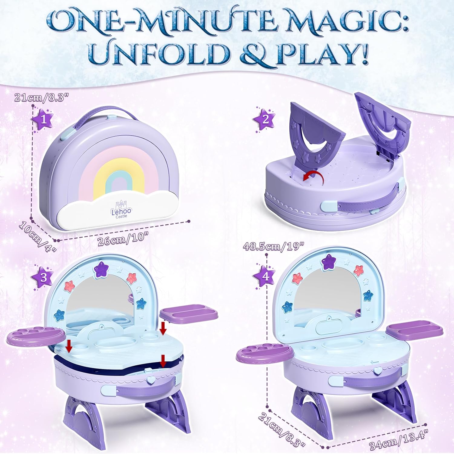 Detalle de Lehoo Castle Kids Vanity: 2-in-1 Portable Dressing Table with Pretend Makeup Set for 3–5 Year Old Girls
