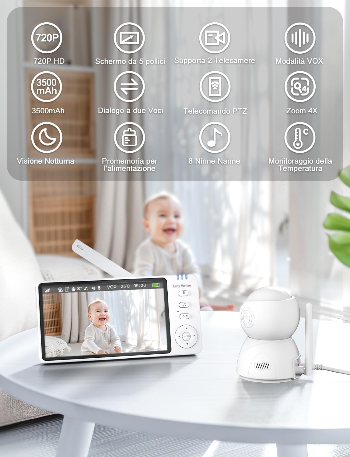 Thumbnail 1 de BURNNOVE Baby Monitor Video e Audio da 5” con videocamera 720P, visione notturna e PTZ 355° (senza Wi‑Fi)