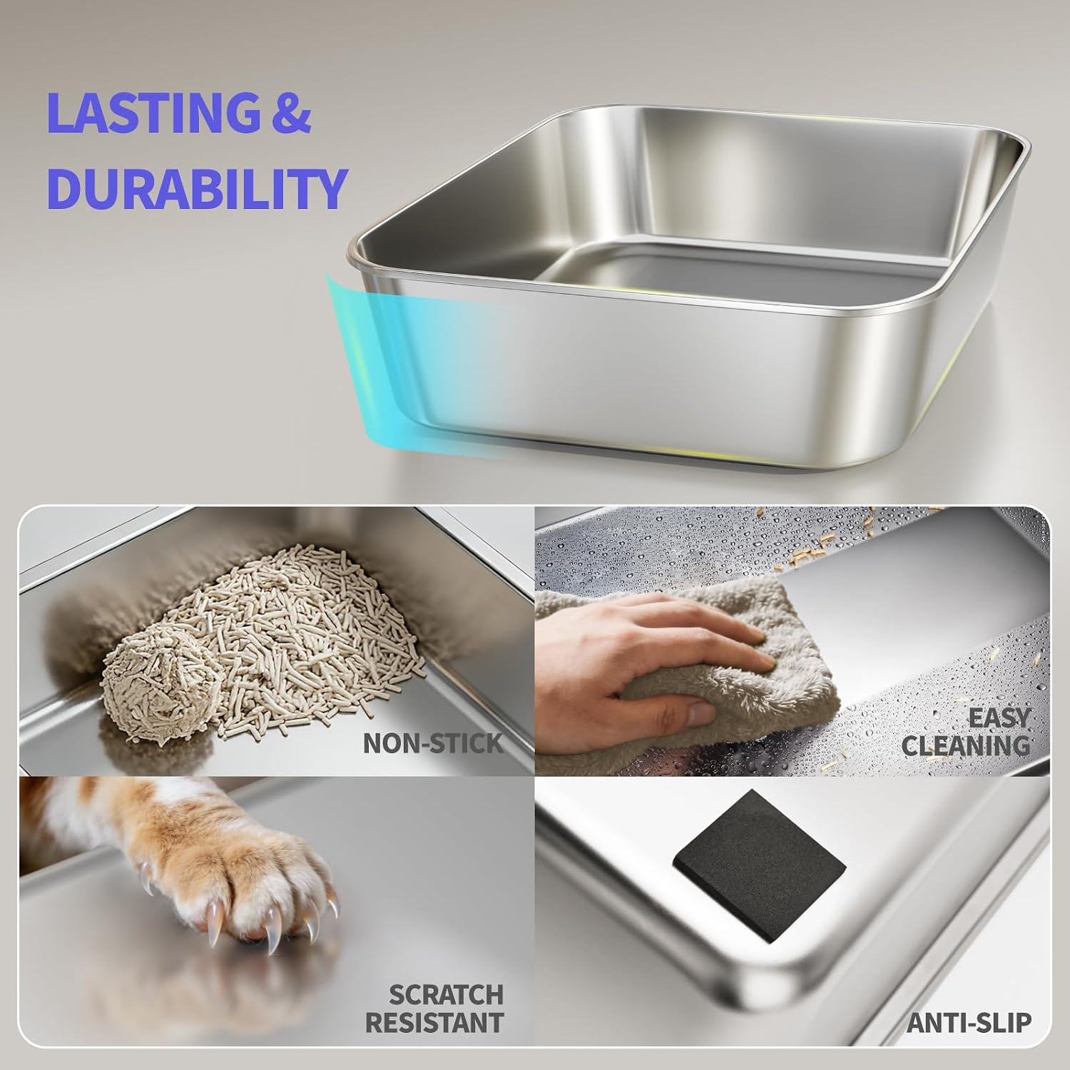 Detalle de Fusblom 2 Pack Stainless Steel Cat Litter Tray with Scoops – Large/Multi-Cat, 60×40×21cm, Dark Grey & Light Grey