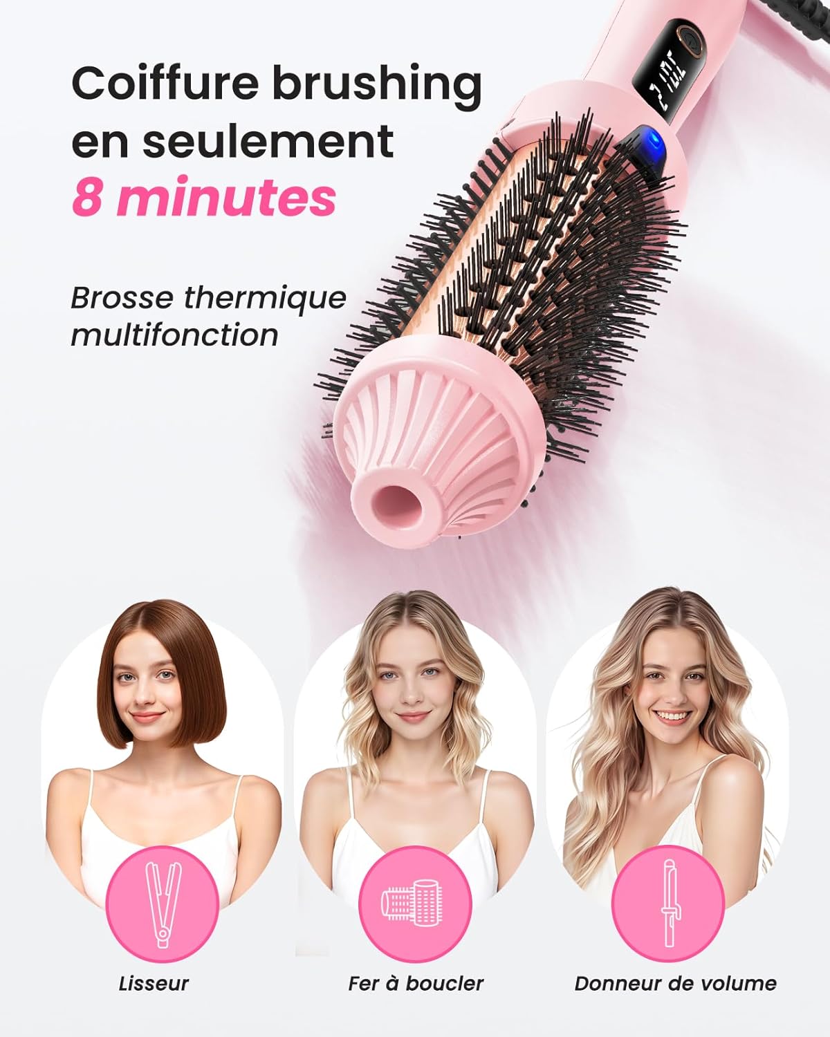 Thumbnail 1 de Haokoo Brosse Chauffante Ionique 38 mm – Lissage & Boucles, 6 niveaux et chauffage rapide (Rose)