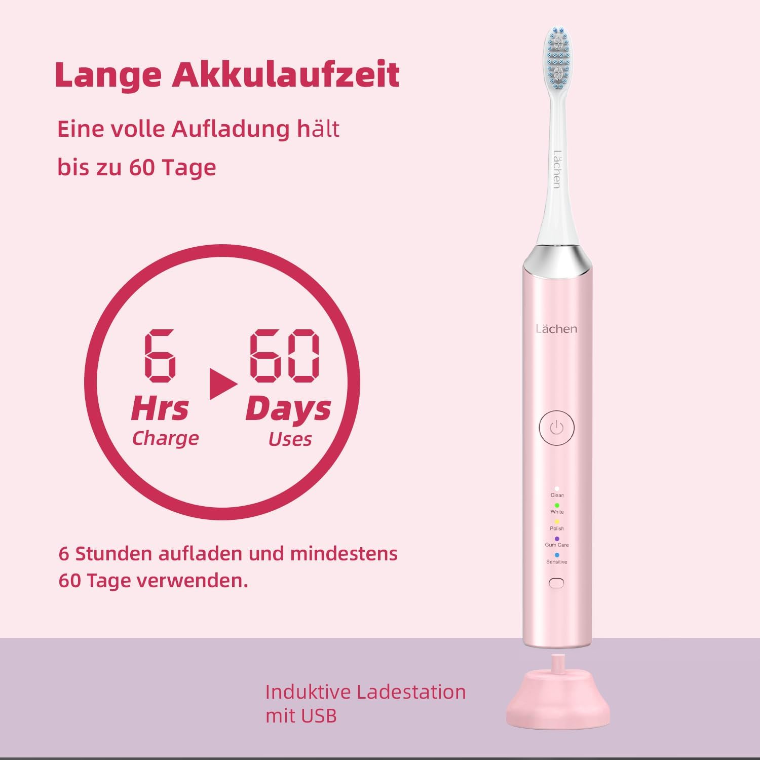 Thumbnail 5 de Lächen Elektrische Schallzahnbürste 5 Modi Rosa