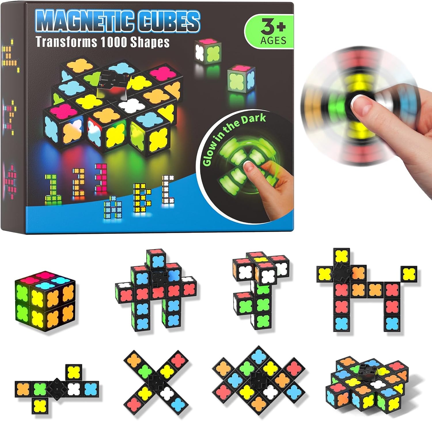 Magnetische Fidget Toys für Kinder, Teenager und Erwachsene – Leuchtender Fidget Spinner mit 12 Magnetmodulen