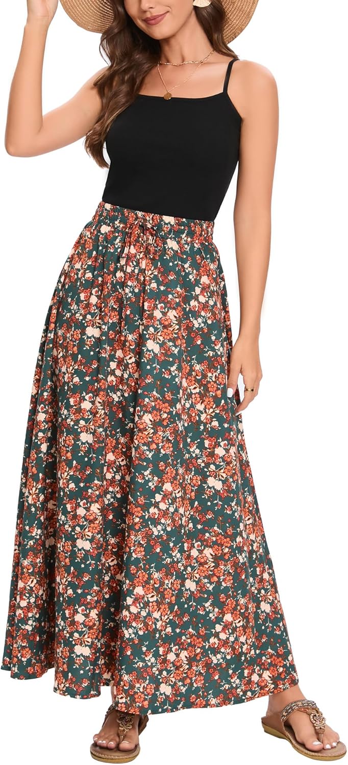 Detalle 2 de Bluetime Women Flowy Long Skirts – Pleated Elastic High Waist Maxi for Summer