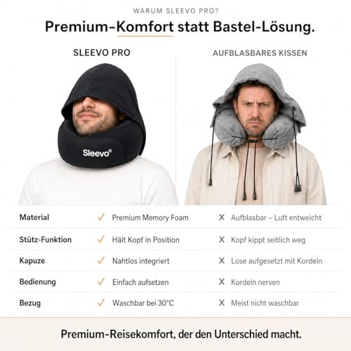 Thumbnail 6 de Sleevo Pro Nackenkissen (L) fürs Flugzeug mit Kapuze, Memory-Schaum, Schwarz
