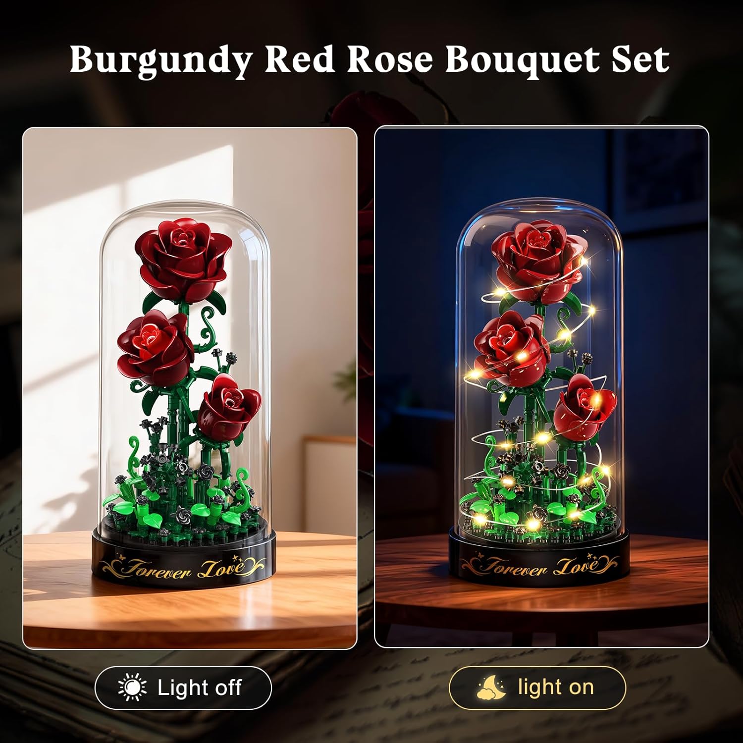 Detalle de Flower Building Set with LED Light – Burgundy Red Rose 241-Piece Mini Block Kit