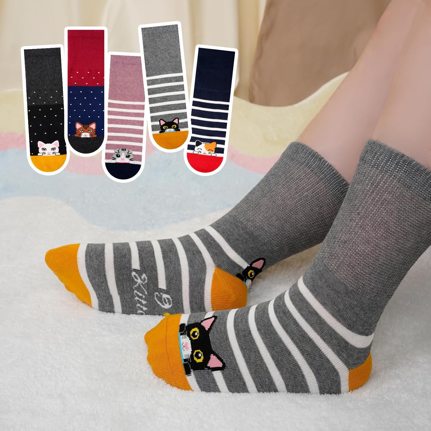 Thumbnail 4 de LOFIR Lot de 5 paires de chaussettes fantaisie coton pour filles (modèles animaux chat & chien), 2 à 12 ans