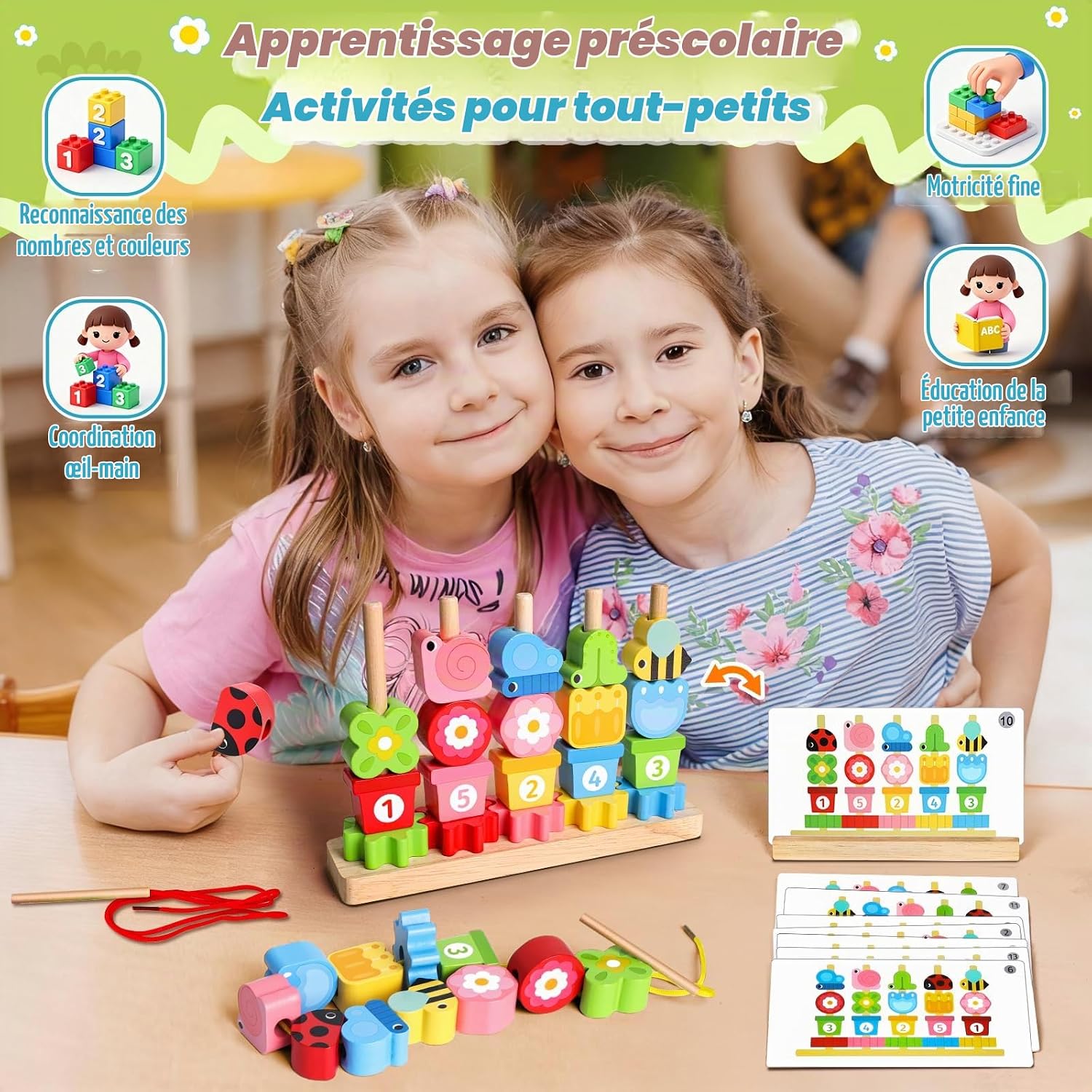 Detalle de WhizWinks KH0138 houten Montessori-kralenset met 20 kralen en patroonkaarten