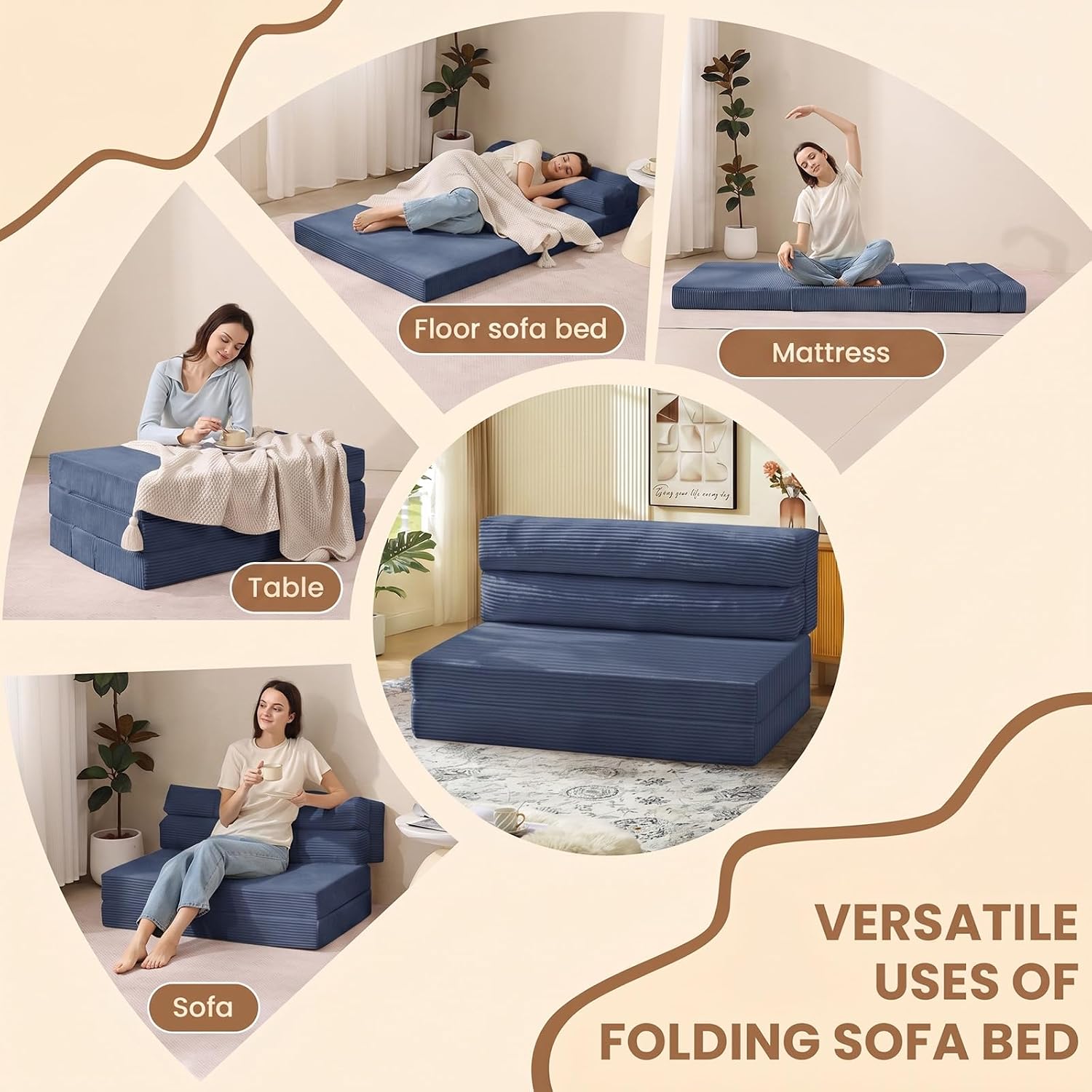 Thumbnail 6 de JUIKURY wzsfc-blue-queen Folding Sofa Bed, Blue Corduroy Convertible Chair