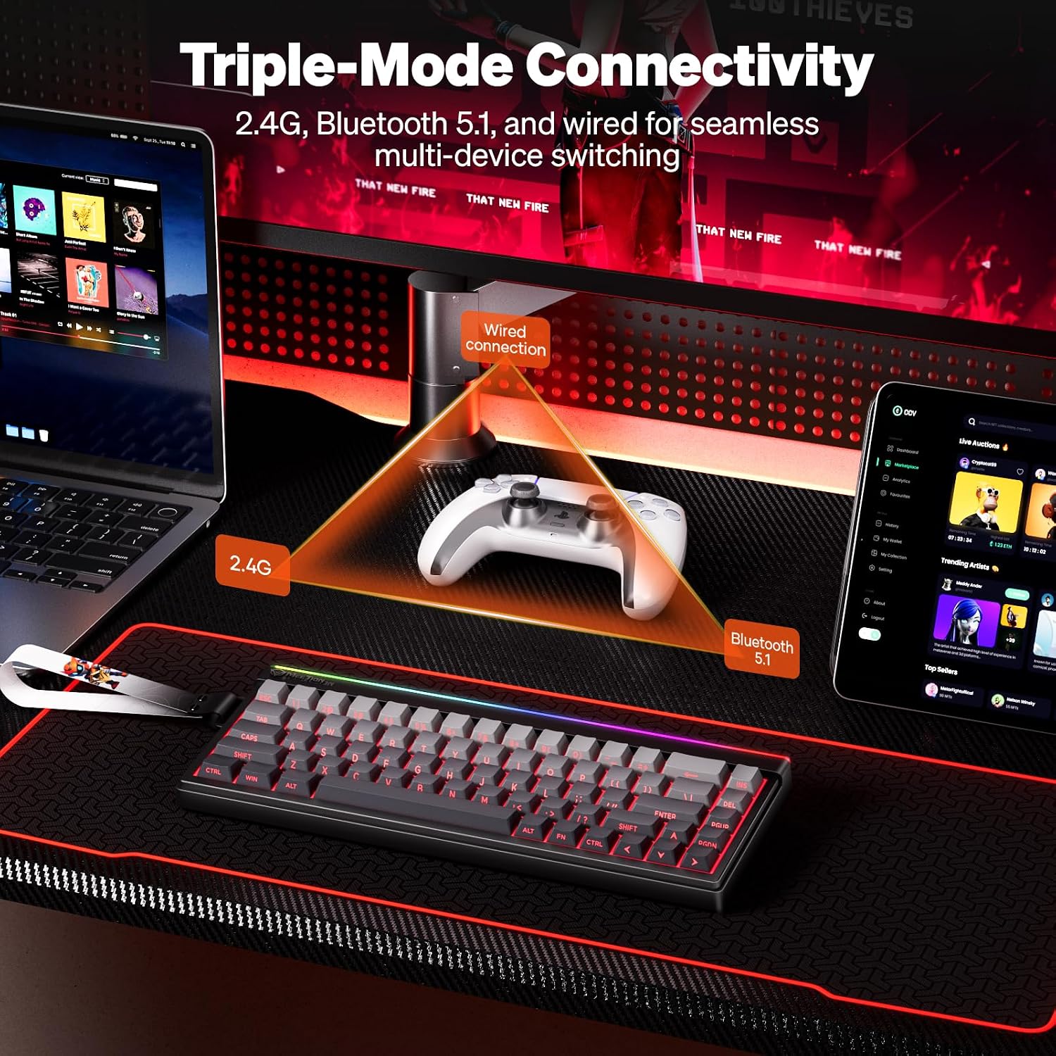 Detalle de MEETION Vibekey68 Gaming Keyboard: 68-Key Tri-Mode Membrane Keyboard with RGB Light Bar