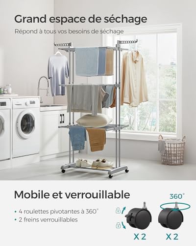 Detalle de SONGMICS Étendoir à Linge 4 Niveaux avec Roulettes – Grande Capacité, LLR701G01