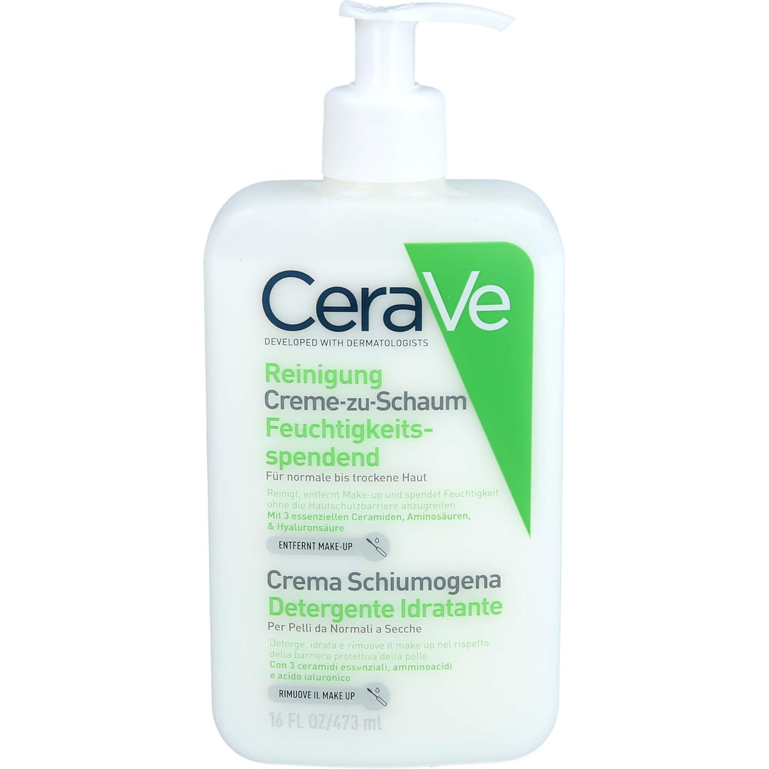 Detalle de CeraVe Creme-zu-Schaum Reinigung – Feuchtigkeitsspendende Reinigungscreme für normale bis trockene Haut