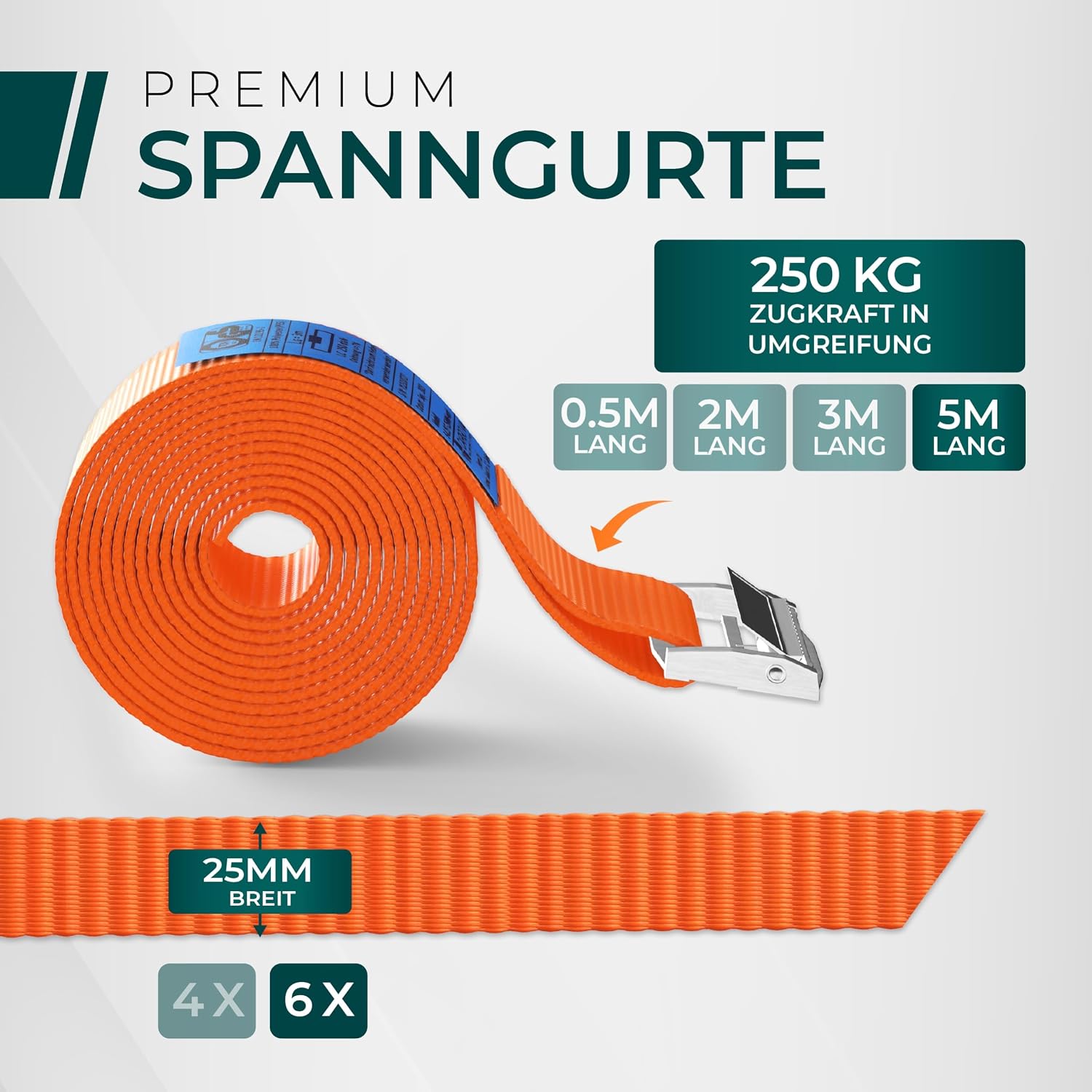 Detalle de Robuste Spanngurte mit Klemmschloss – TÜV/GS & DIN, 0,5–5 m, 250 kg, 6er Set