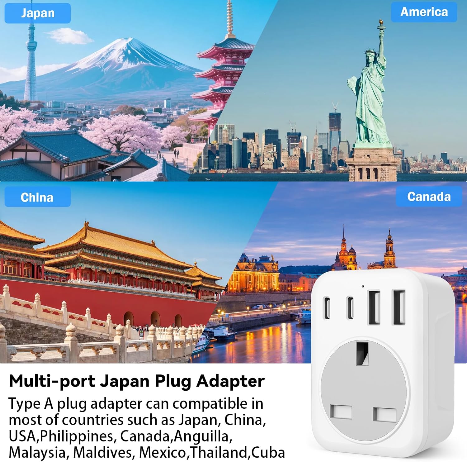 Detalle de 5 in 1 UK to Japan Travel Adapter with 2 USB-C and 2 USB-A Ports, 1 AC Outlet (100V-240V) – Type G to Type A
