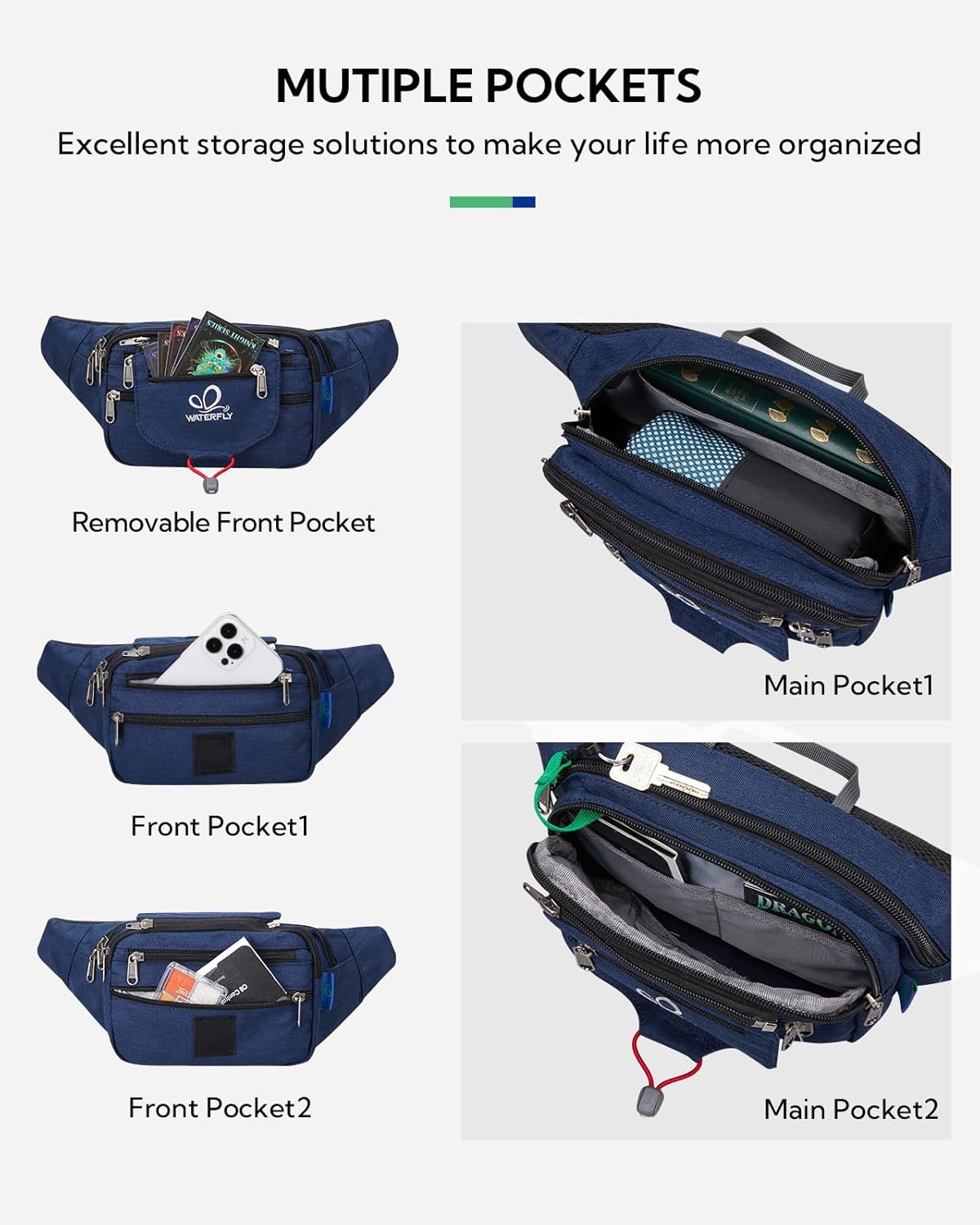 Thumbnail 4 de Waterfly Bum Bag/Fanny Pack with 5 Zipped Compartments (Large) for Running, Hiking & Everyday Carry