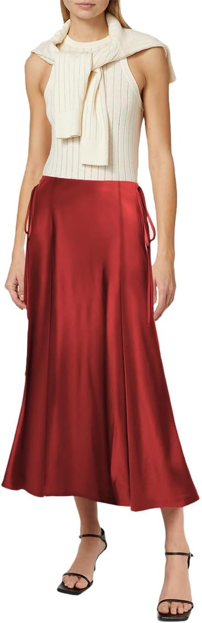 Detalle de MAYFASEY Women’s Satin Midi Skirt with High Waist & Side Zip