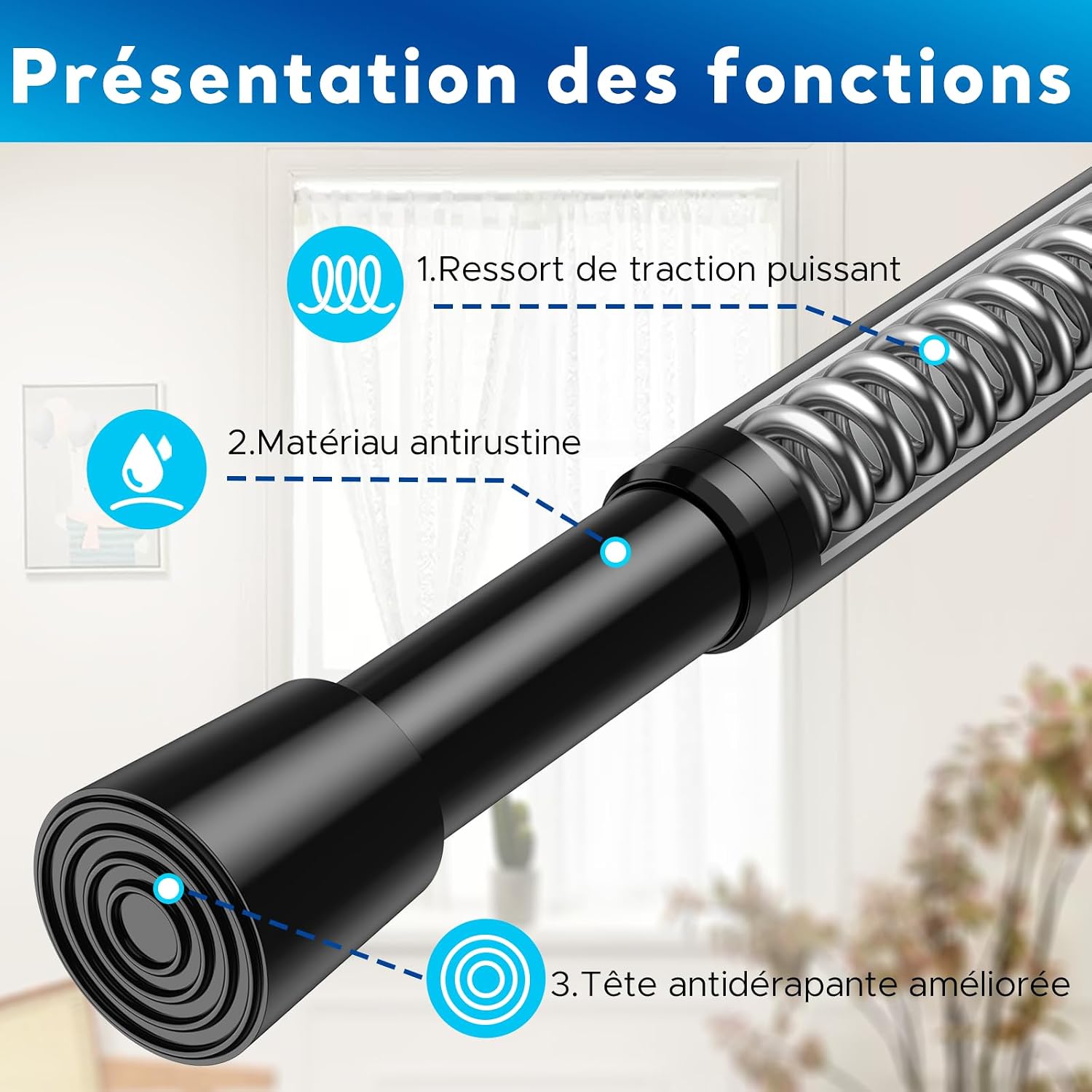 Detalle de Tringle à rideaux extensible sans perçage BSYXLSX noire 70–100 cm