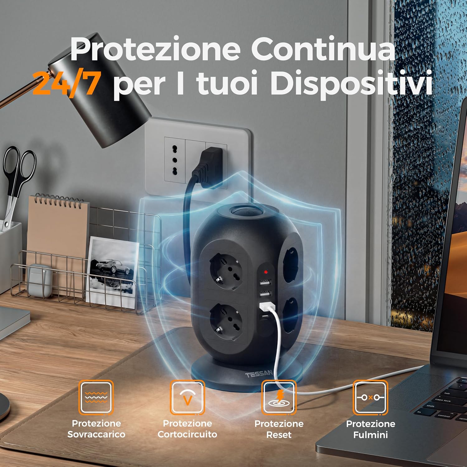 Thumbnail 5 de TESSAN Ciabatta Multipresa 8 Schuko con 4 USB | Torretta con prolunga 2m e interruttore