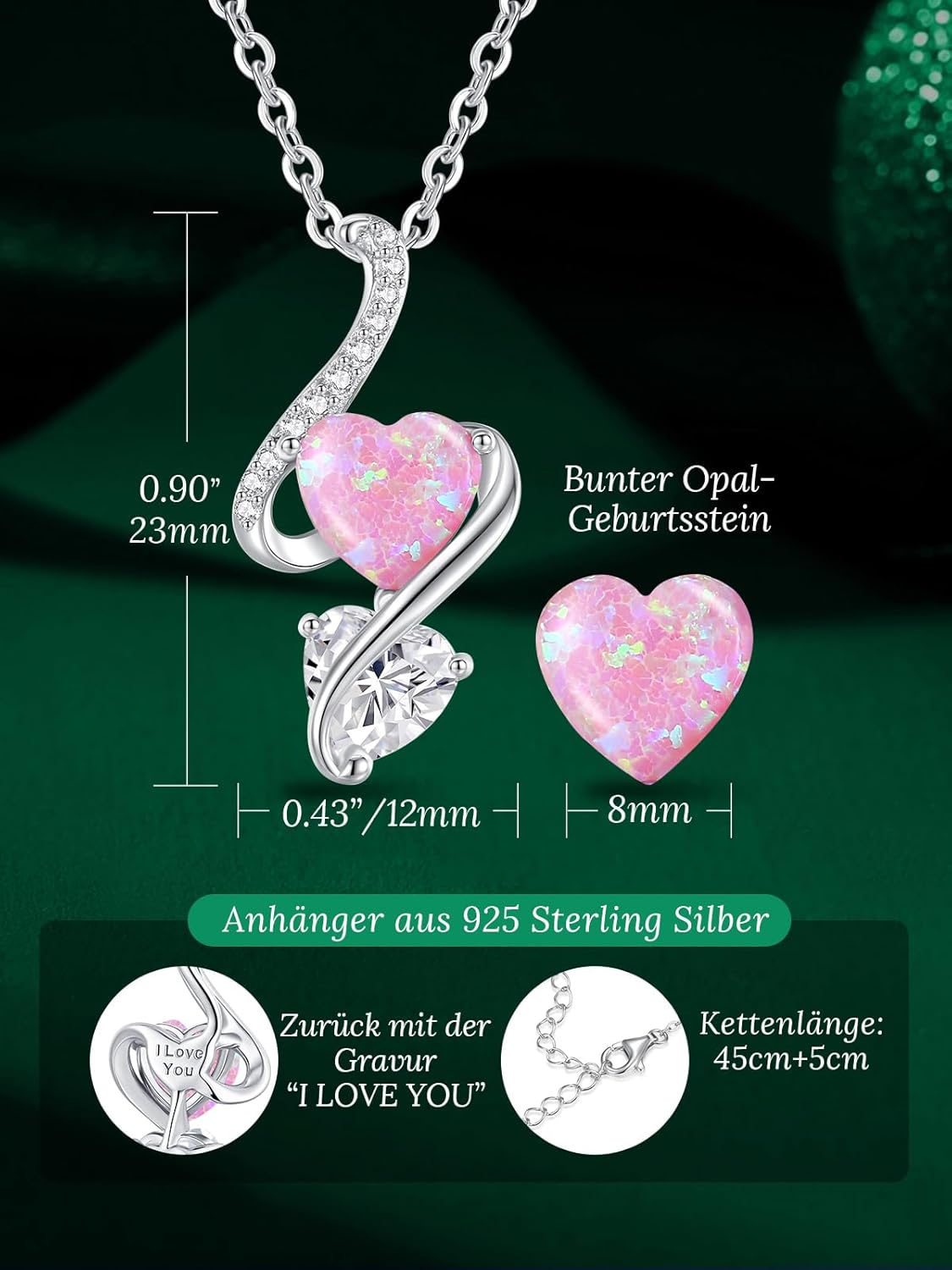 Thumbnail 4 de LOUISA SECRET Frauen Opal Halskette Infinity Double-Heart – 925er Sterling Silber, verstellbare Kette